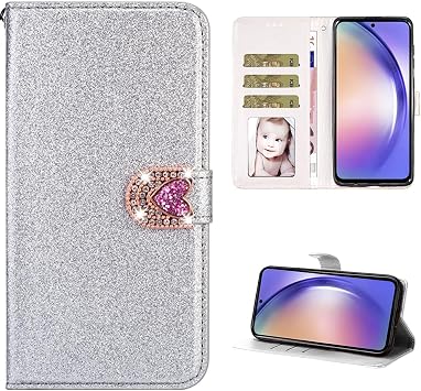 Wallet Bling Cases for Samsung Galaxy S25 Ultra Cover 3D Glitter Premium PU Leather Handphone Glitter Premium PU Leather Wallet Handset Shell Bookstyle Cellphone Case for Samsung S25 Ultra,Sliver