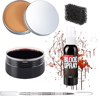 XiaoTu SFX Makeup Kit Scar Wax,Fake Blood Gel & Scar Wax Set,Special Effects Wound Modeling Scar Wax Halloween Makeup Kit with Spatula,Fake Blood Spray Makeup,Coagulated Blood Gel,Black Stipple Sponge
