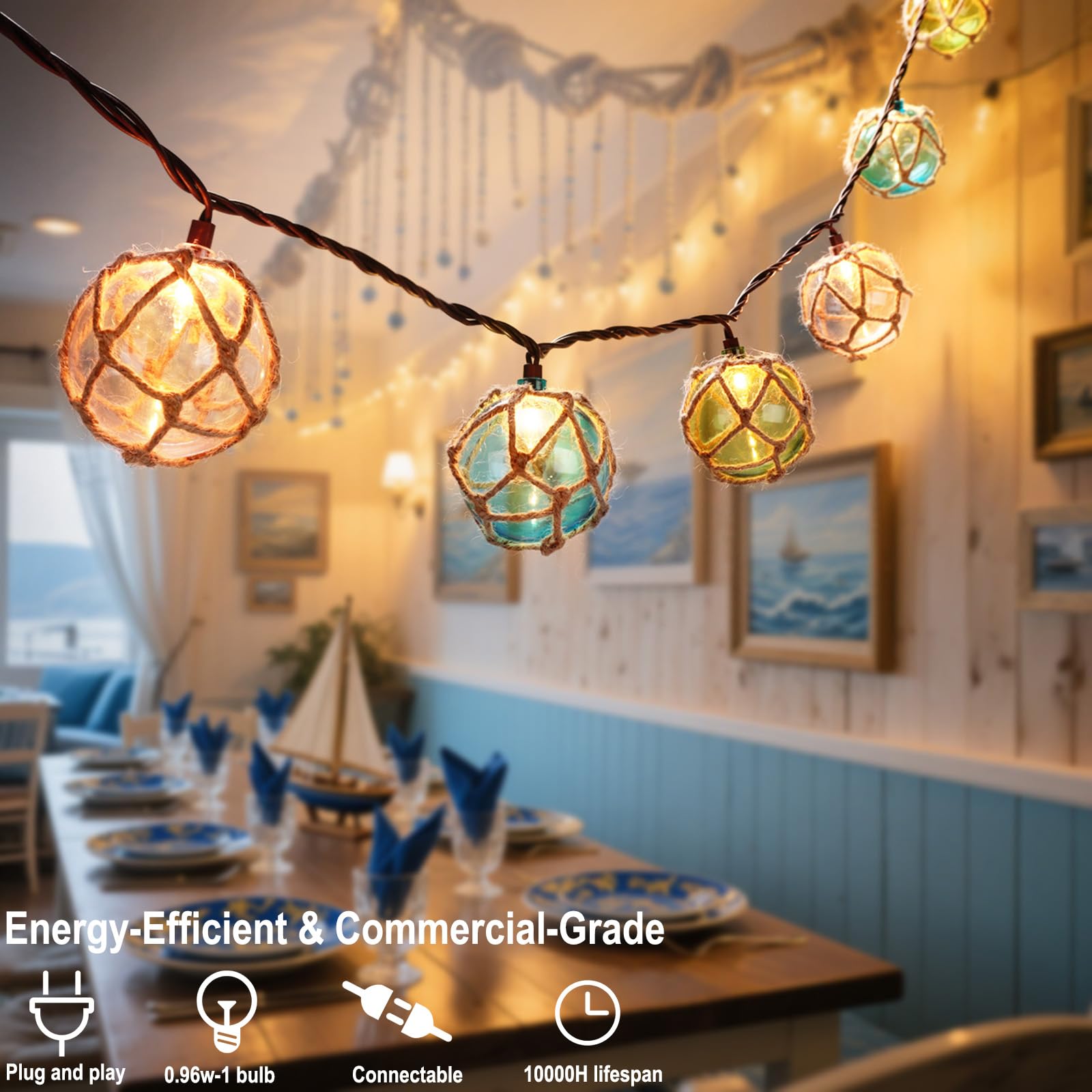 TWINKVILLA Guirnalda de luces decorativas enchufables con 10 bombillas incandescentes, luces flotantes de pesca náutica, conectables, resistentes a la intemperie, para decoración de interiores, hogar