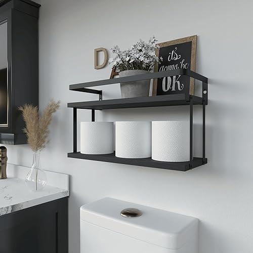 Miniatura 4 de RICHER HOUSE Estantes flotantes de doble nivel, estante de baño de madera rústica montado en la pared, estantes de almacenamiento de papel higiénico