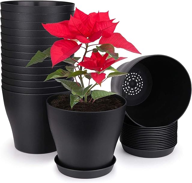 KAHEIGN 10Pcs 14cm Plastic Plant Pots Plant Container Indoor Flower Pots with Pallet Trays for Office House (14 x 12cm, Black)