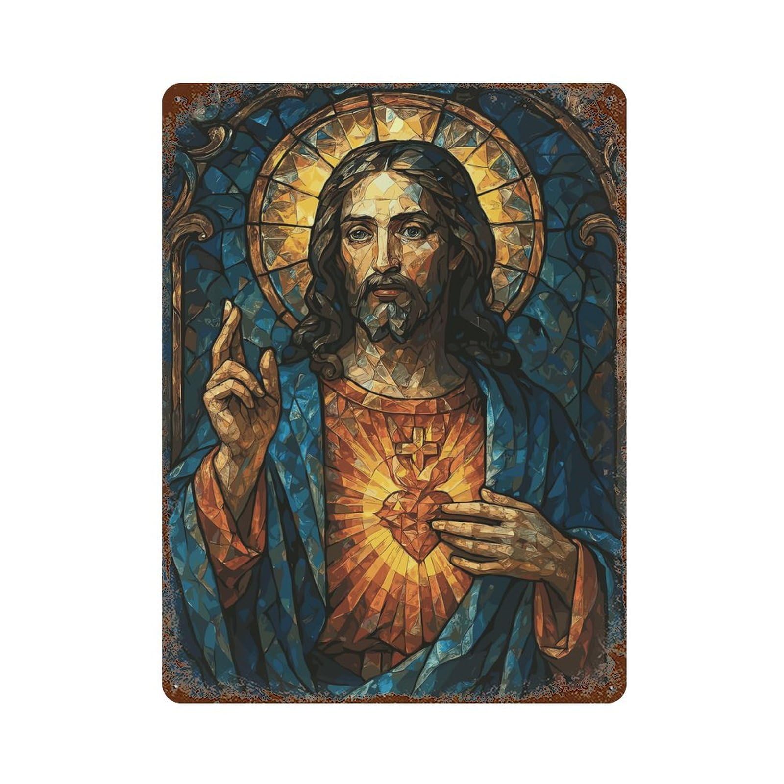 Stained Glass Jesus Christ Portrait 15.7"x11.8" Weathered Tin Sign, Decorative Metal Wall Art for Cafe, Home Bar And Lounge Decor