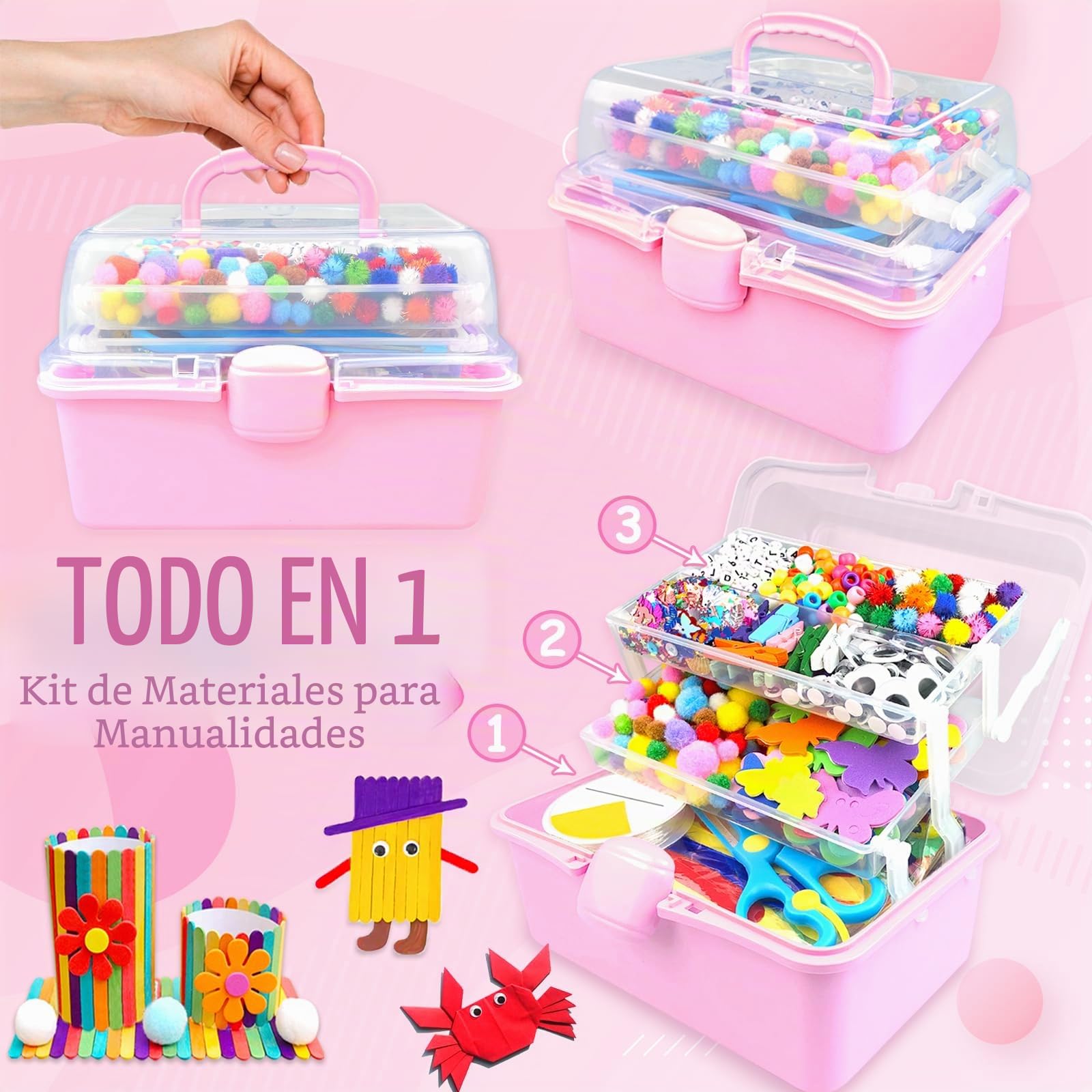 BNUZEIYI Manualidades Niños Caja de Manualidades de 3 Capas con Limpiapipas DIY Creativo Arts Crafts Supplies Material Escolar Juguetes Regalos Niñas Niños 4-8, 8-12 Años, Rosa