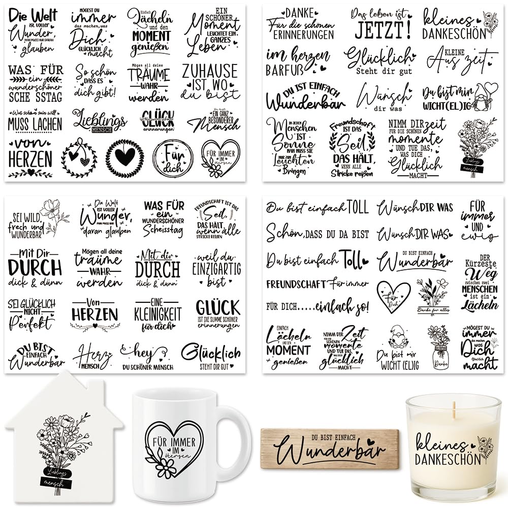 Farbeele 4 Stück Rub On Sticker, Transferaufkleber Folie 19x14cm für Glas, Holz, Karten, Scrapbooking, DIY Handarbeiten, Basteln, Geschenkidee, Wohndeko, Party Deko