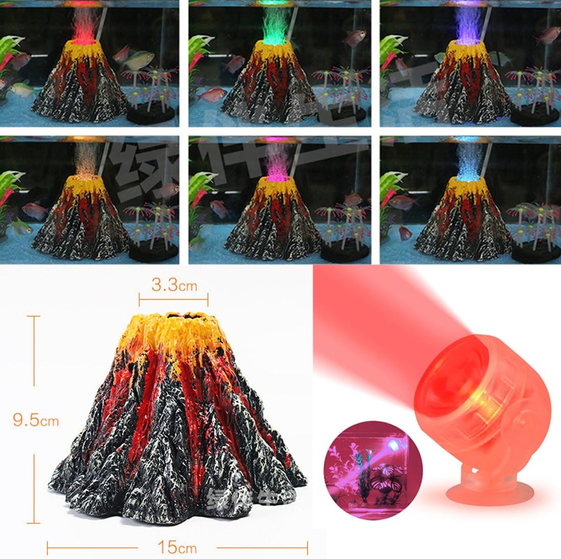 LED Aquarium Bubbler Volcano, JackSuper Ornament Kit with RED LED Spotlight