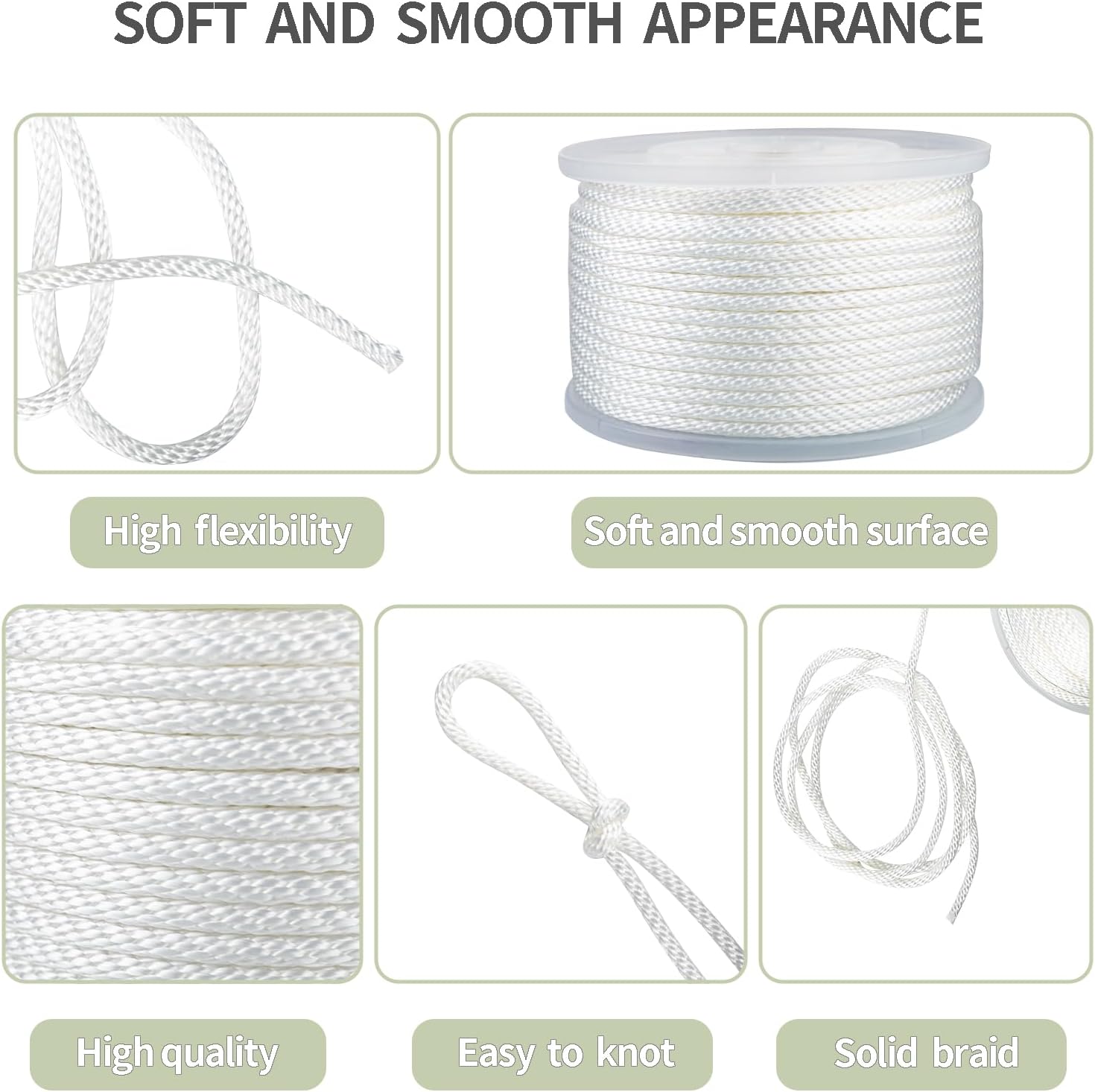 5/16 Inch 250ft White Nylon Solid Braid Rope | High UV & Abrasion Resistance | Industrial Grade, Low Stretch | Multipurpose for Flag Poles, Clotheslines