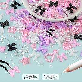600 Pcs 3D Nail Charms and Flatback Pearls 6, 4 Colors Bow + Pink&White Star Heart Moon Cute Charms + 2-6mm White Pearls for Nail Art Design with Nail Charm Glue(UV Needed) and Pickup Tools