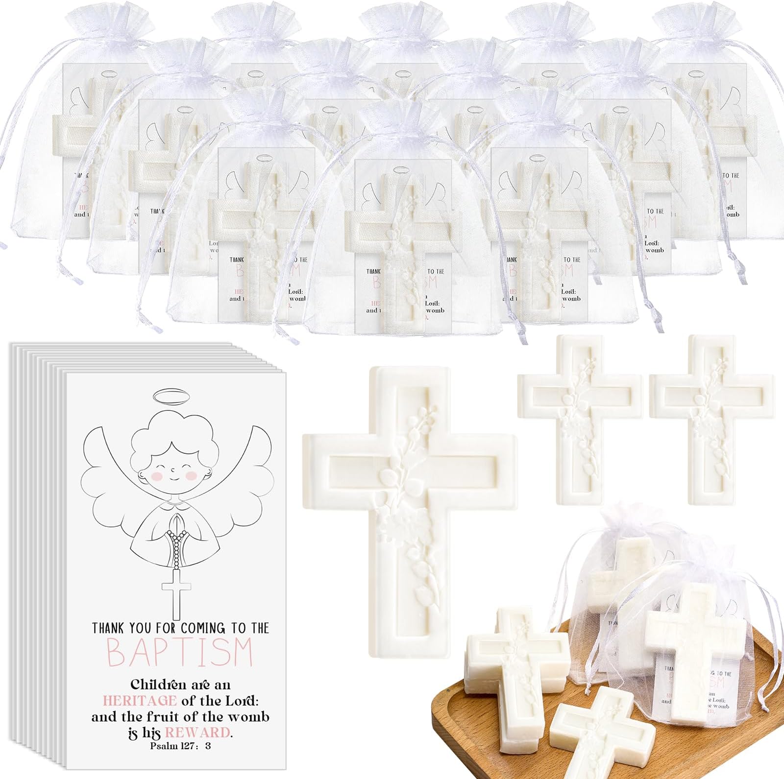 Swiffen 50 Pack Baptism Favors for Guests Cross Soap Baby Shower Scented Soap Favors with Greeting Cards Organza Bag Christening Communion Baptism Party Gift for Guests Party Gender Reveal