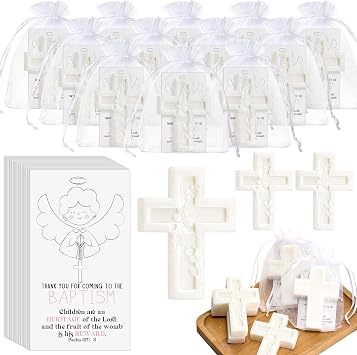 Baptism Favors for Guests Cross Soap Baby Shower Scented Soap Favors with Greeting Cards Organza Bag Christening Communion Baptism Party Gift for Guests Party Gender Reveal White,50 Pack
