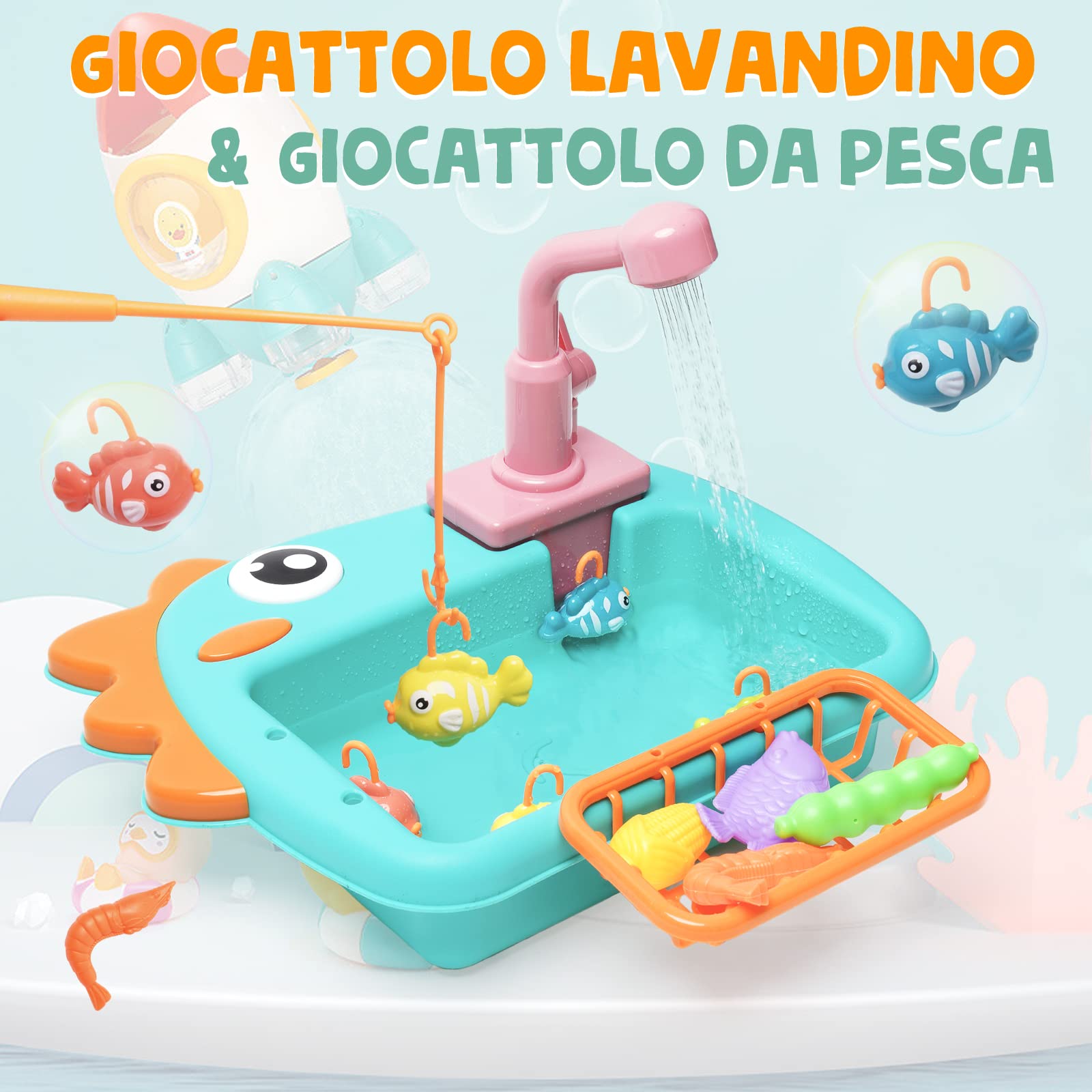 Giocattolo del Lavandino della Cucina Giocattoli da pesca,Giocattolo da Cucina Multifunzionale con Rubinetto Elettrico Aggiornato,Giocattoli educativi intelligenti per bambini 3 ai 6 Anni