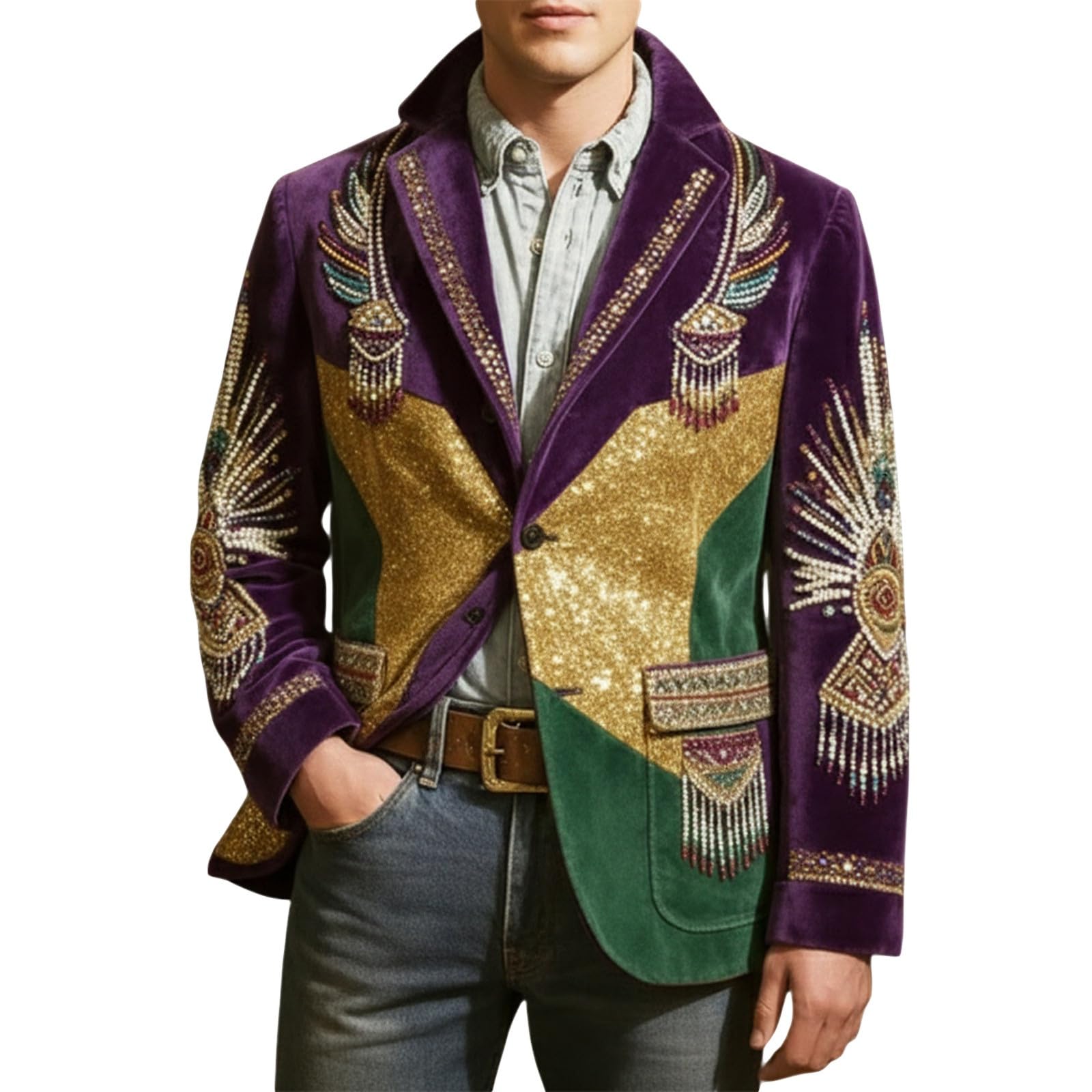 Mardi Gras Jacket Mens Holiday Blazer Outfits Plus Size Suit Sequin Top Accessories Costume Corduroy Cardigan Apparel, Z-12-Yellow, M — image 1