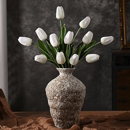 Yastouay 12-Pack White Tulips Artificial Flowers, Real Touch Latex Faux