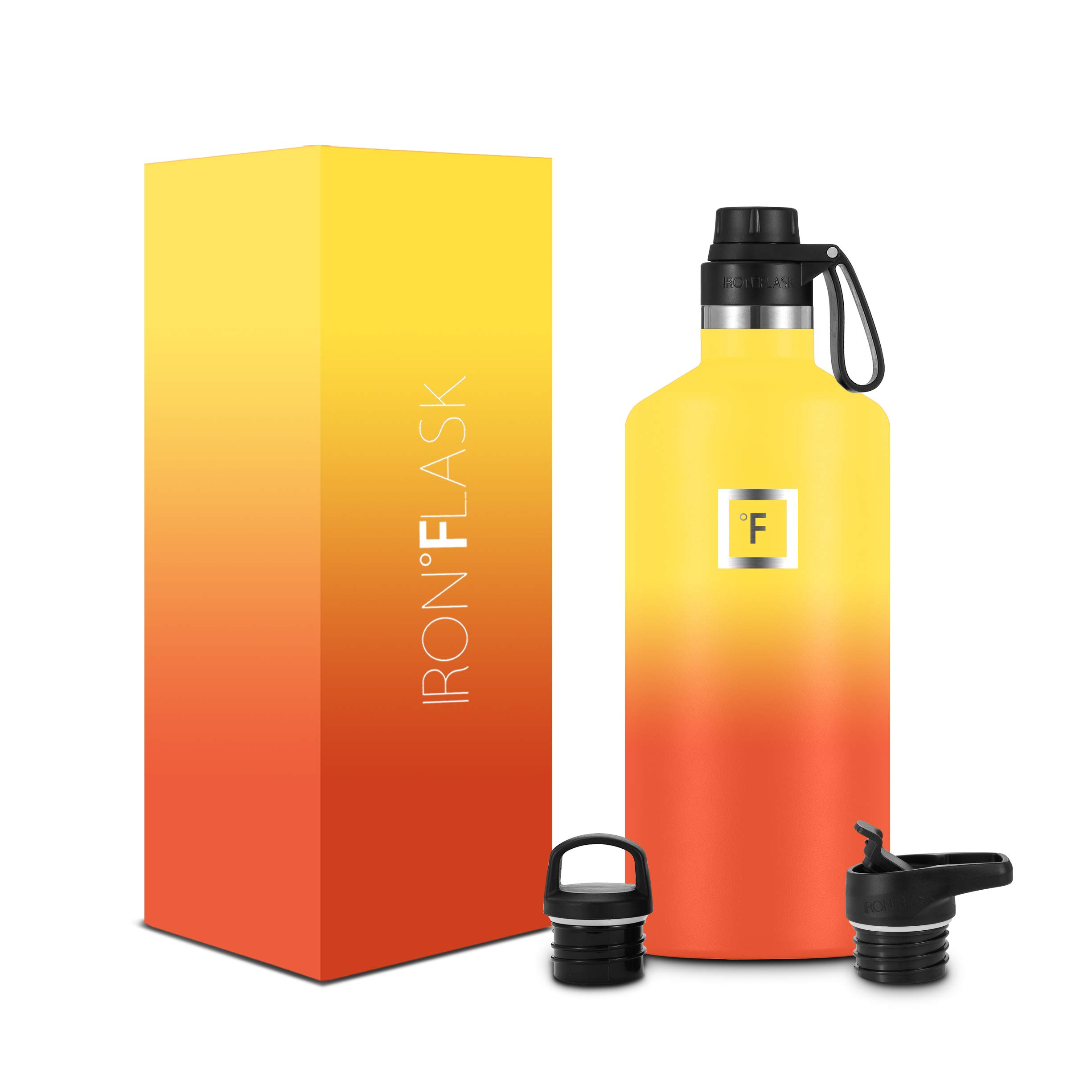 IRON °FLASK Sports Water Bottle - 3 Lids (Narrow Spout Lid) Leak Proof Vacuum Insulated Stainless Steel - Hot & Cold Double Walled Insulated Thermos, Durable Metal Canteen - Fire, 64 Oz