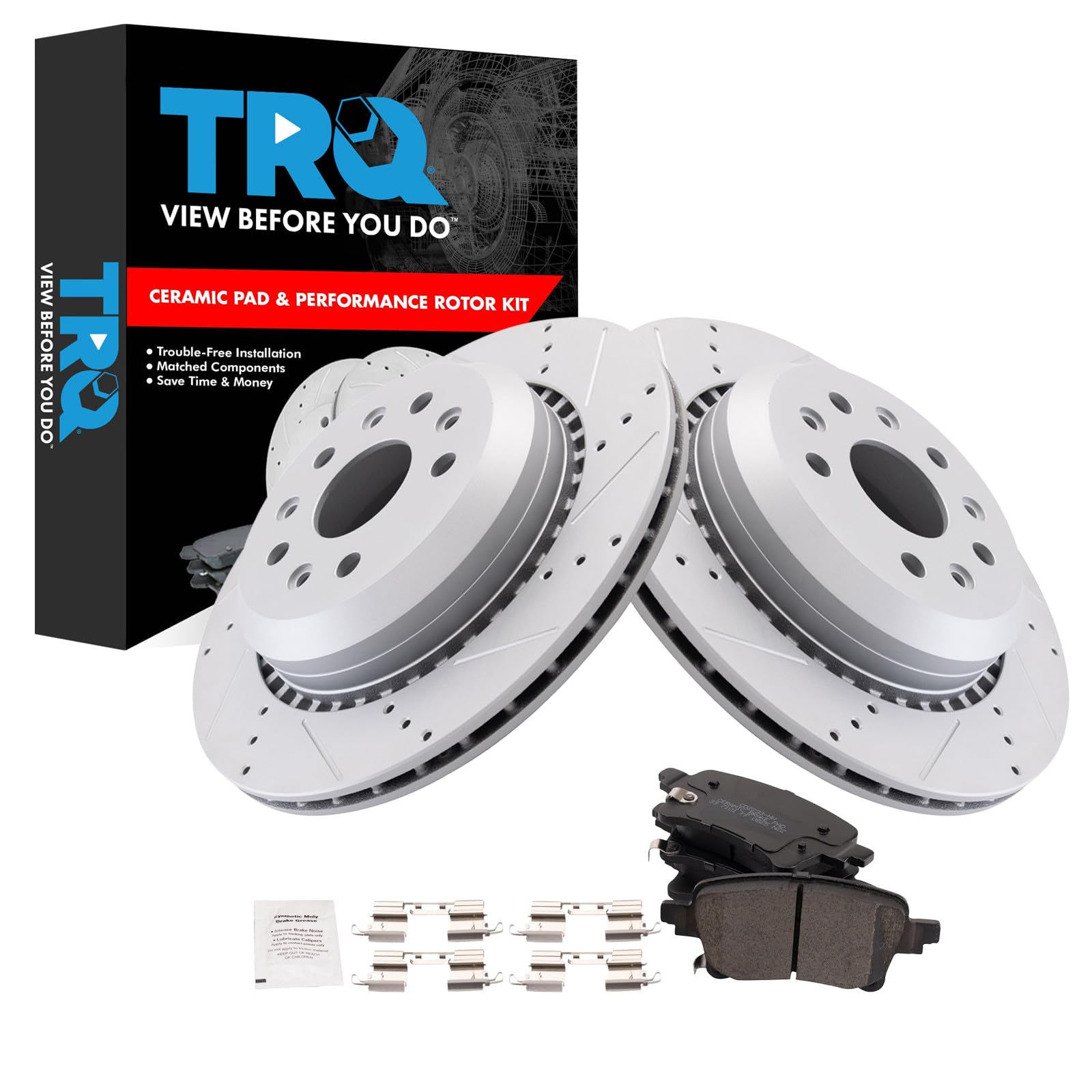 TRQ Performance Rear Brake Pad and Rotor Set Ceramic Coated Drilled Slotted Rotors Compatible with 2020-2023 Jeep Gladiator 2021-2022 Wrangler