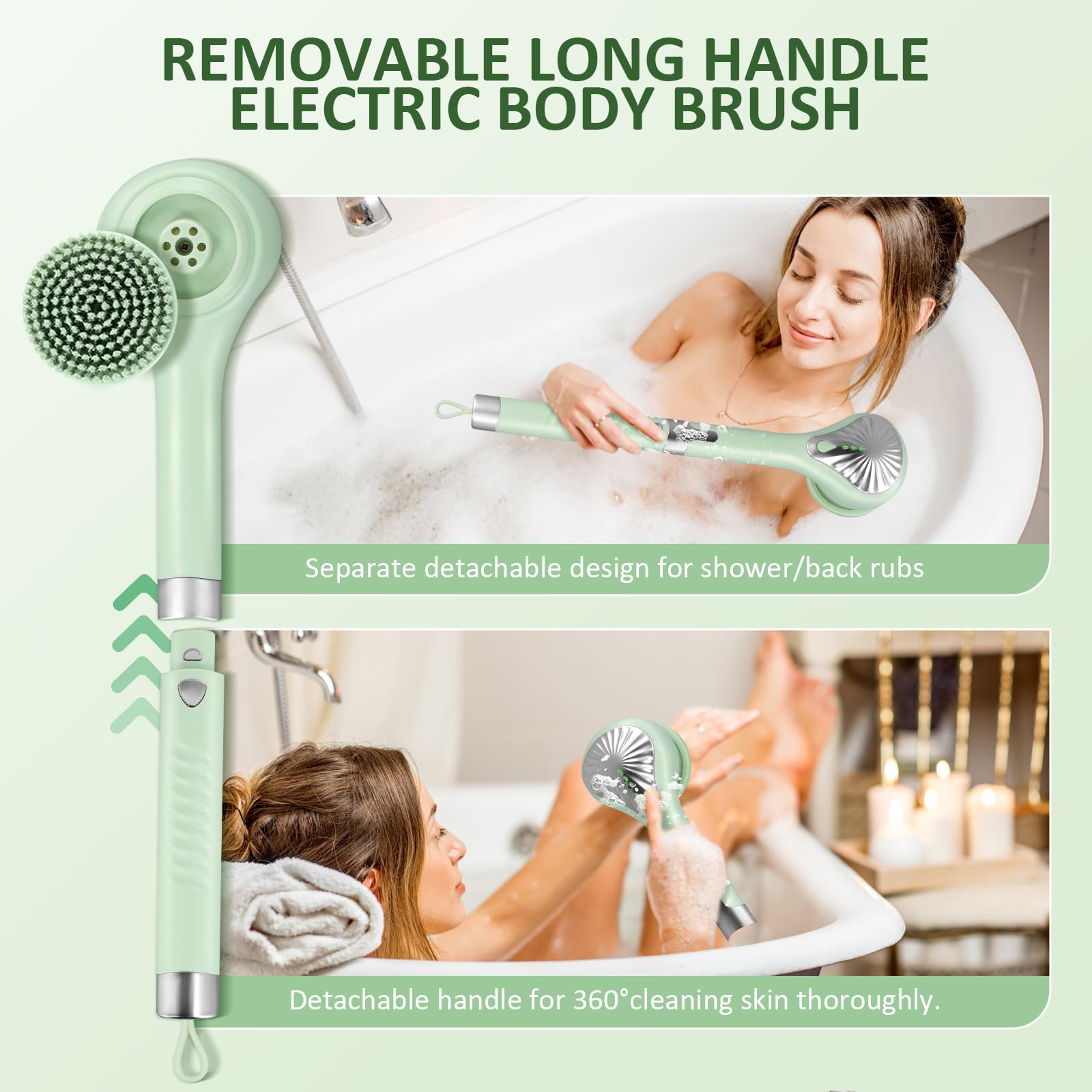 Spazzola Schiena Doccia Elettrica,Spazzola Doccia Elettrica Ip67,Con Manico Lungo,Rotazione 360°,6 Testine,3 Velocità,Spazzola Elettrica Corpo Per Esfoliante,Migliora La Circolazione,Anti Cellulite