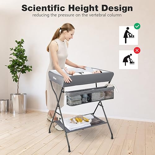 Miniatura 3 de INFANS Cambiador de bebé, estación de pañales plegable, organizador portátil para guardería con cinturón de seguridad y estantes de almacenamiento