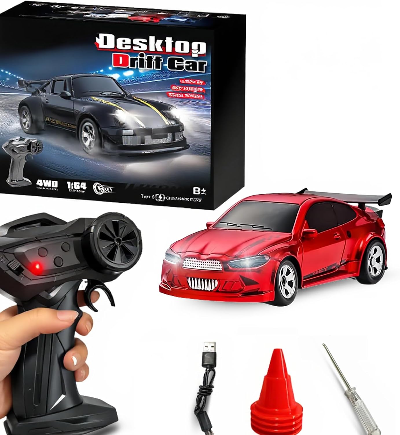 Mini RC Drift Car, 1/64 RC Remote Control Car High Speed, 2.4GHz Full Proportional RTR Micro Sports Racing Drift, 4WD HobbyFast Race Vehicle with Lights, Model Toys Gift for Kids, Boys, Adults