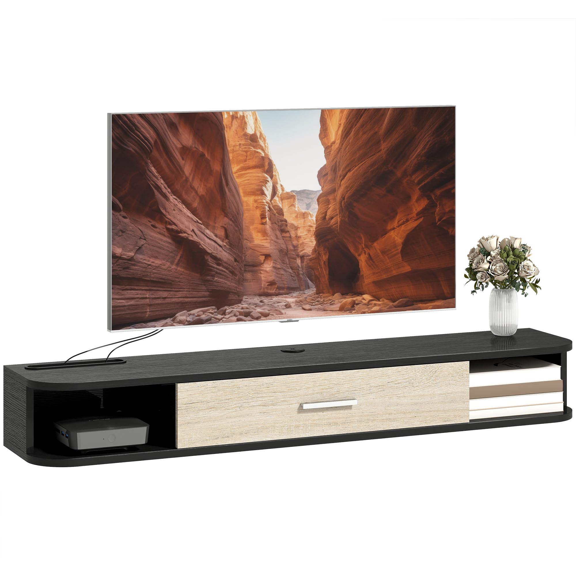 HOMCOM Meuble TV Suspendu 120 cm, Meuble télé pour téléviseur jusqu'à 50 Pouces avec Porte Rabattable, 2 Étagères Ouvertes et Passe-câbles, Banc TV Flottant pour Salon et Chambre, Noir et Chêne