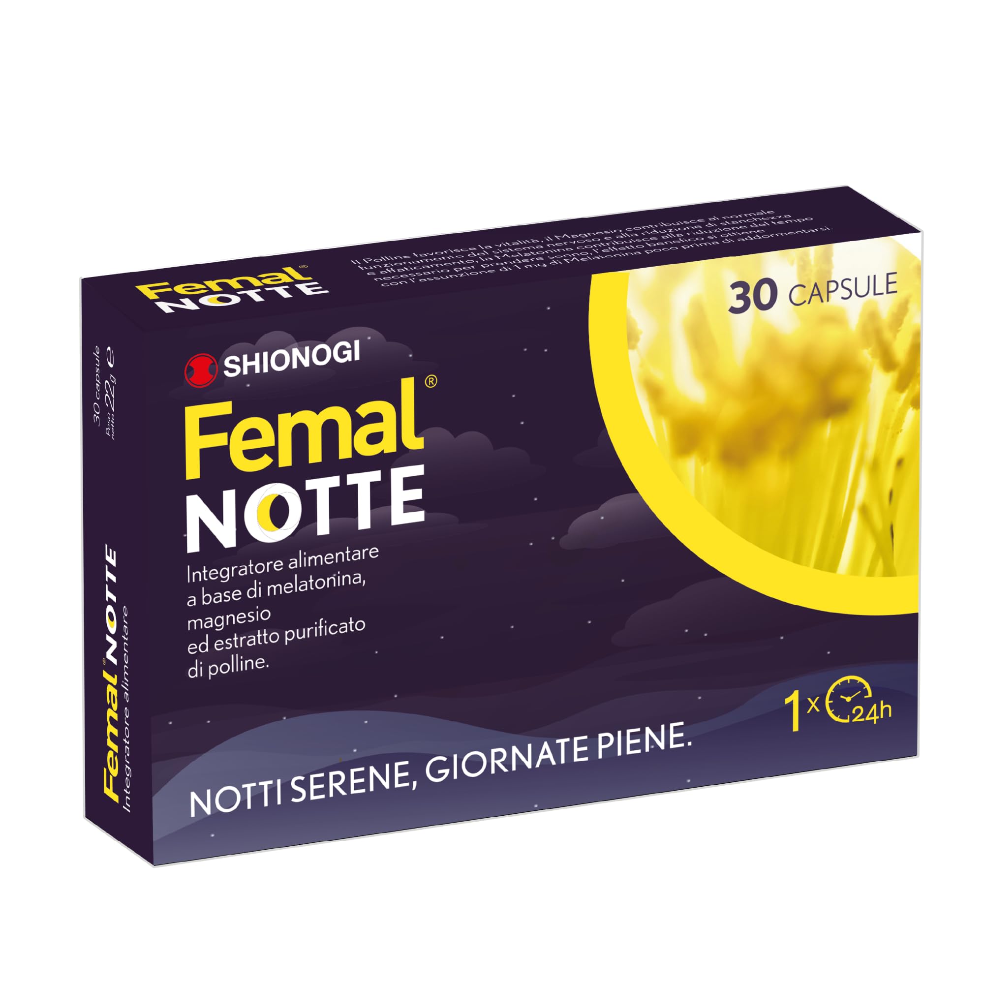 Femal Notte Menopausa, 30 Capsule, Integratore Alimentare Naturale Non Ormonale per contrastare i disturbi del Sonno, Estratto di Polline, Melatonina e Magnesio, Senza Glutine