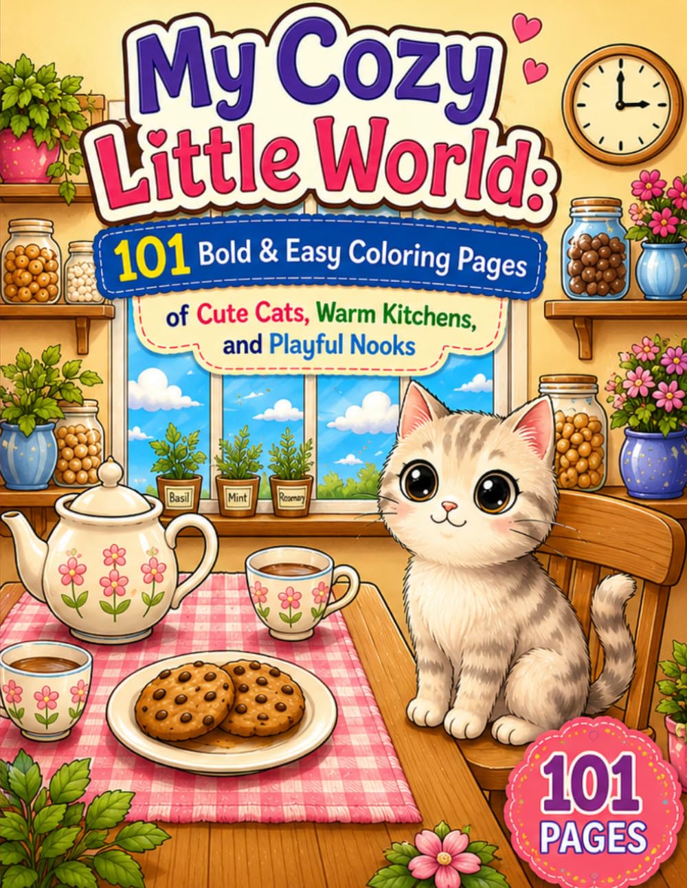 My Cozy Little World: 101 Bold & Easy Coloring Pages of Cute Cats, Warm Kitchens, and Playful Nooks
