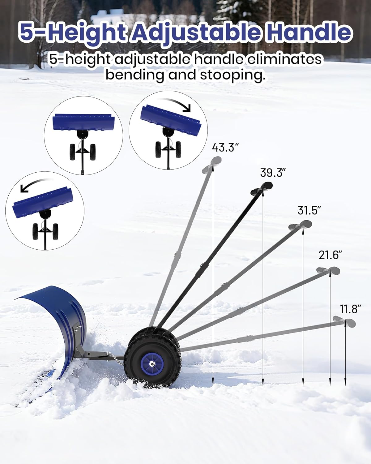 29.5 inch wide snow pusher with wheels for driveway, heavy duty steel blade, 5-position angle adjustment & 60° tilt handle, push snow shovel with ground protection, ergonomic design for effortless sno blue 29" single rod