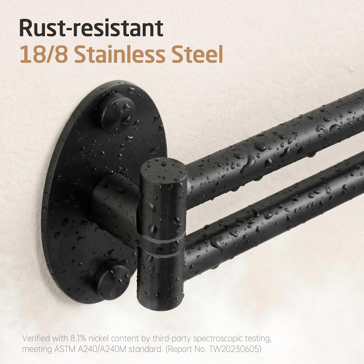 Close-up of the matte black towel bar with water droplets, highlighting its rust-resistant properties.