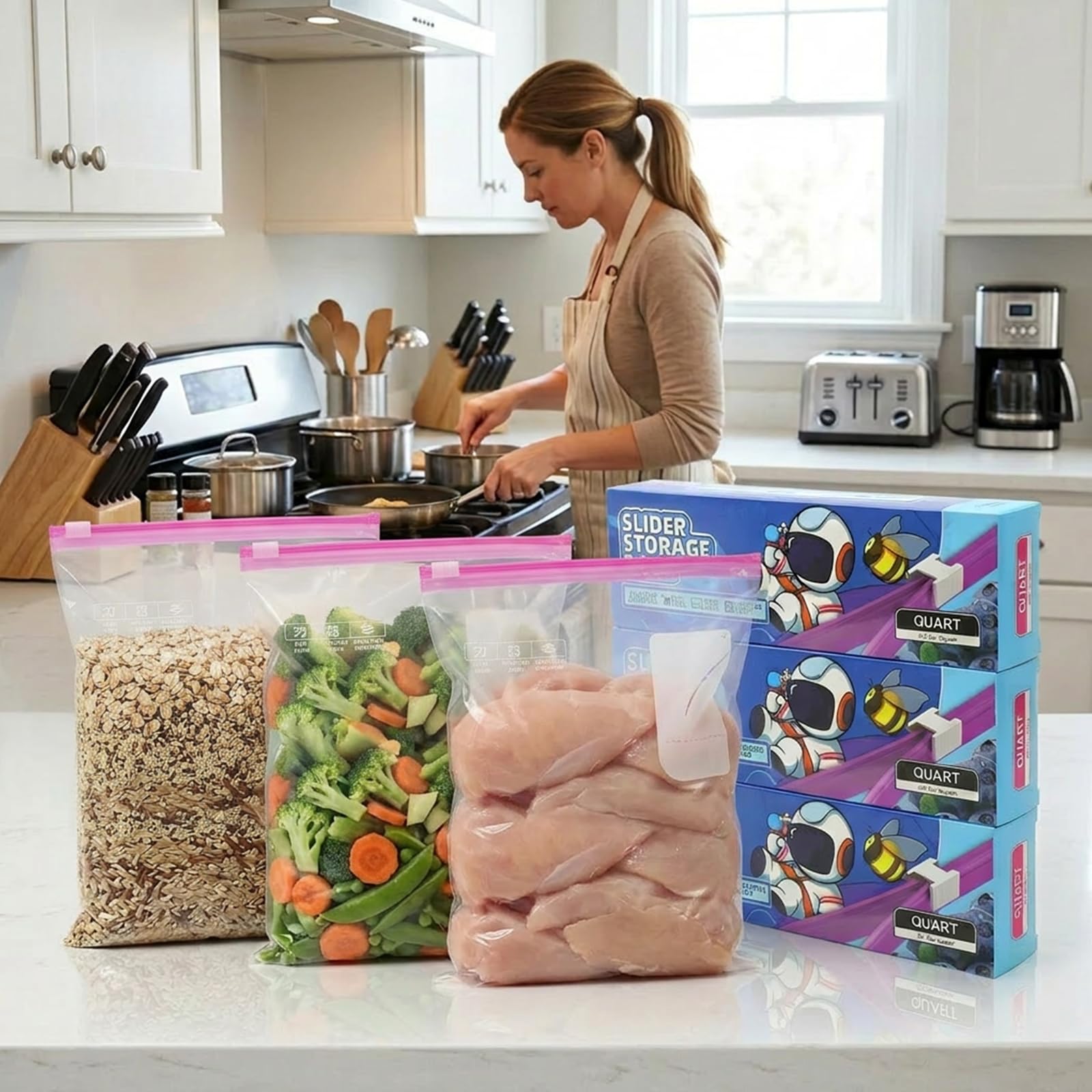 60 Piezas Bolsas Congelacion, 20,2 x 18 cm Bolsas Zip para Congelar, Alimentos Herméticas Reutilizables con Parte Inferior Expandible, Ziplock Bag Para Carne, Frutas y Verduras — view 6