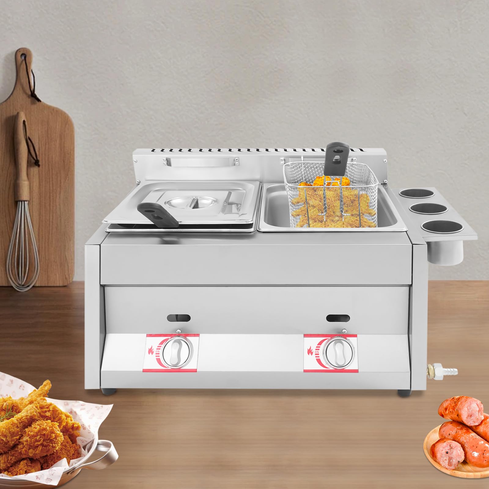 Friggitrice a gas a doppio vassoio, 2 x 6 l, in acciaio inox, con due cestini, regolazione della temperatura, rubinetto di scarico, portabicchieri, friggitrice commerciale, per snack, ristorante