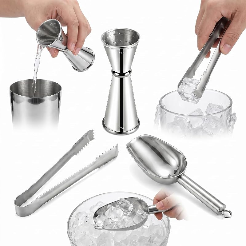 3-Piece Home Bar Tool Set – Stainless Steel Ice Scoop, Double Jigger 1oz/2oz with Internal Markings & 5.5 Inch Non-Slip Ice Tongs – Heavy Duty Barware for Cocktail Making, Party Serving