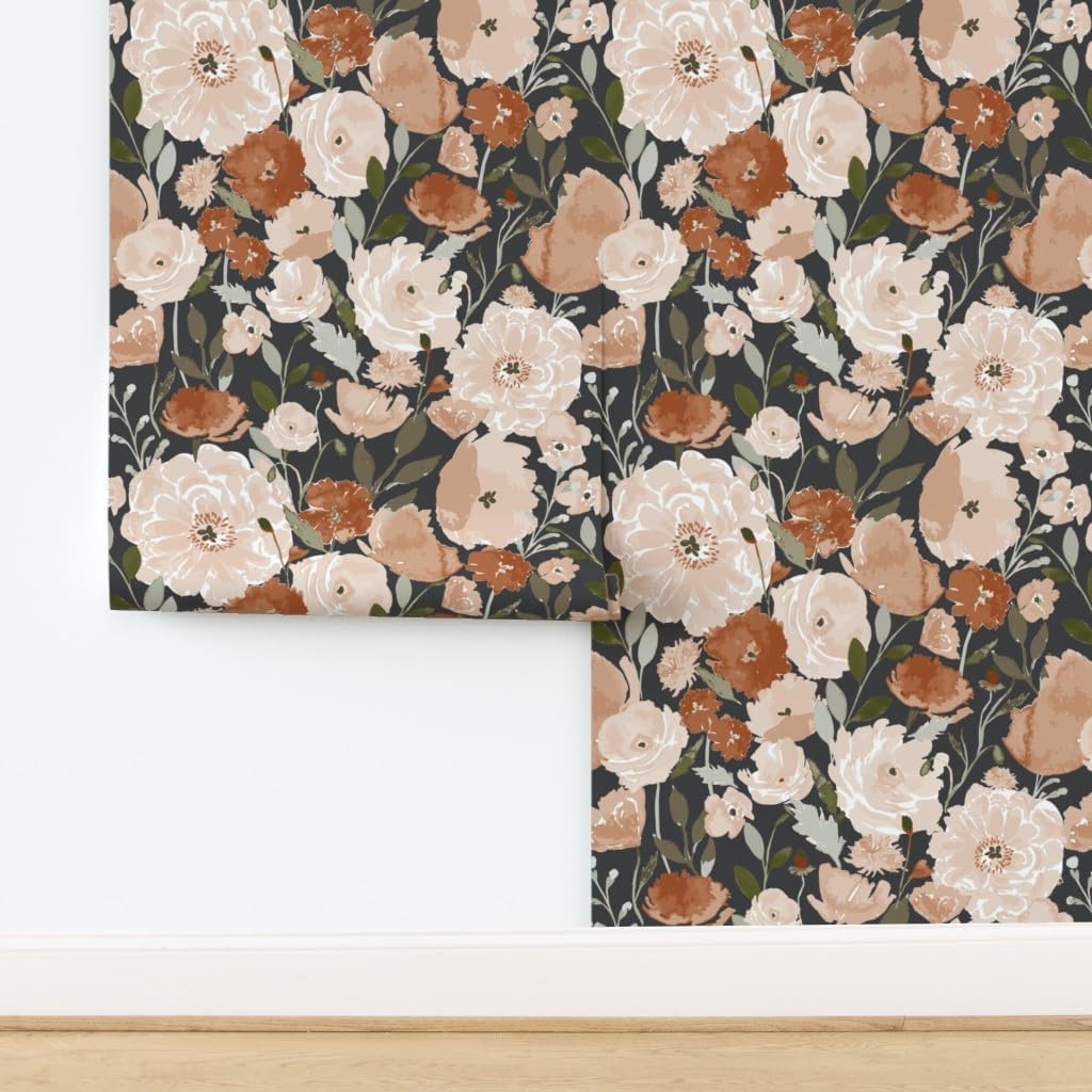 Spoonflower Peel & Stick Wallpaper 3ft x 2ft - Peach Pink Poppy Flower Copper Garden Floral Summer Watercolor Custom Removable Wallpaper