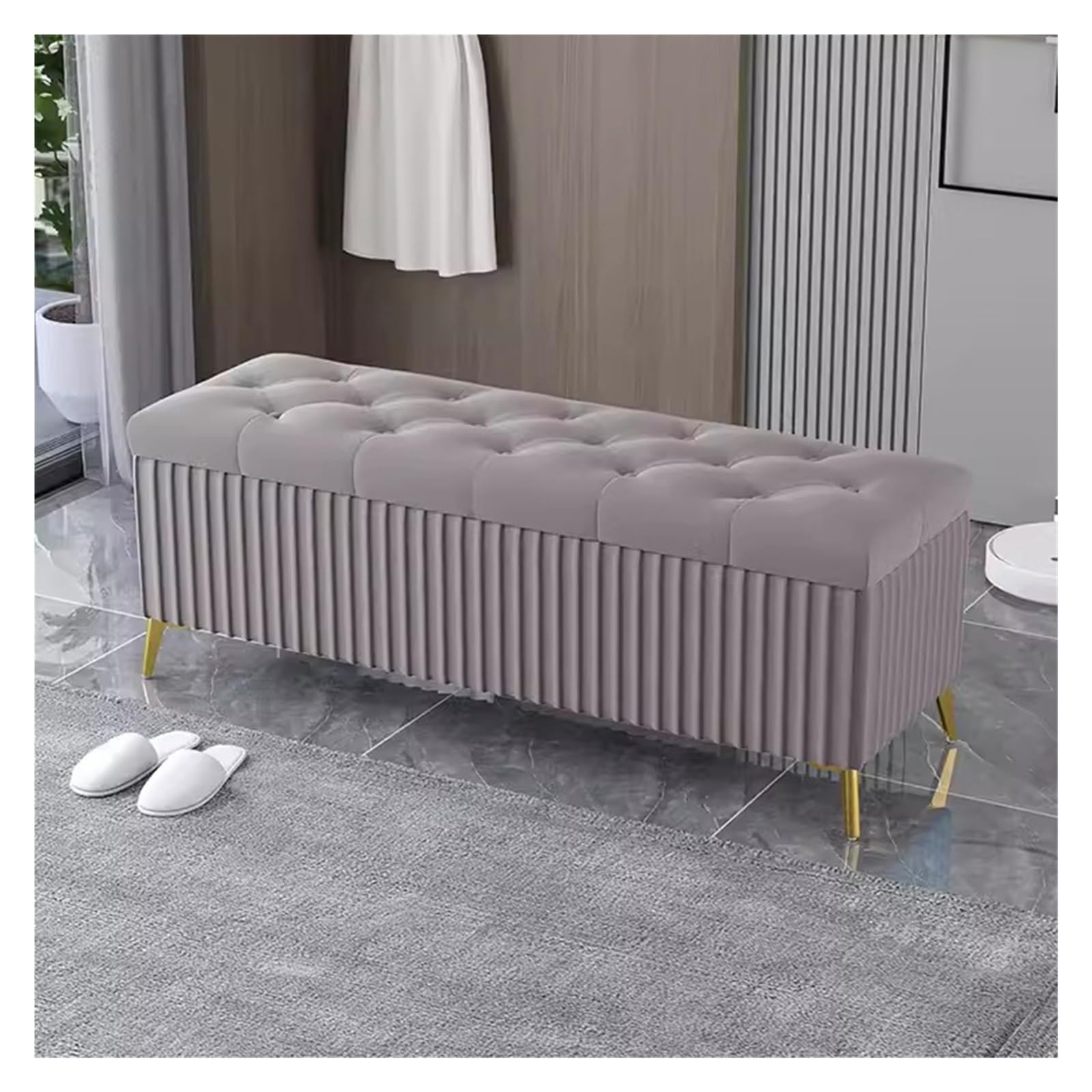 ZHANGshouf Velvet Upholstered Tufted Storage Ottoman Bench with Golden Legs Extra Long End of Bed Padded Entryway Bench (Gray 100CM)
