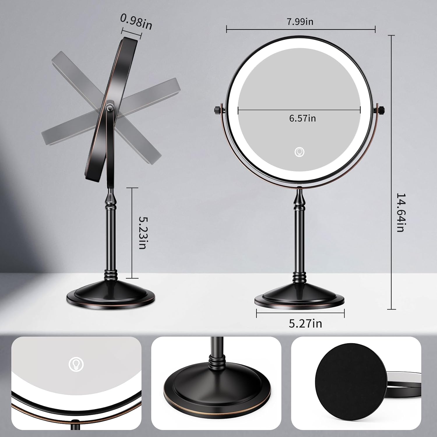 Nicesail Rechargeable Makeup Mirror with Lights and Magnification 10X, 3 Color LED Lights, Cordless Lighted Vanity Desk Mirror with Lights, Light up Magnifying Tabletop 360 Rotation Oil Rubbed Bronze - Image 3