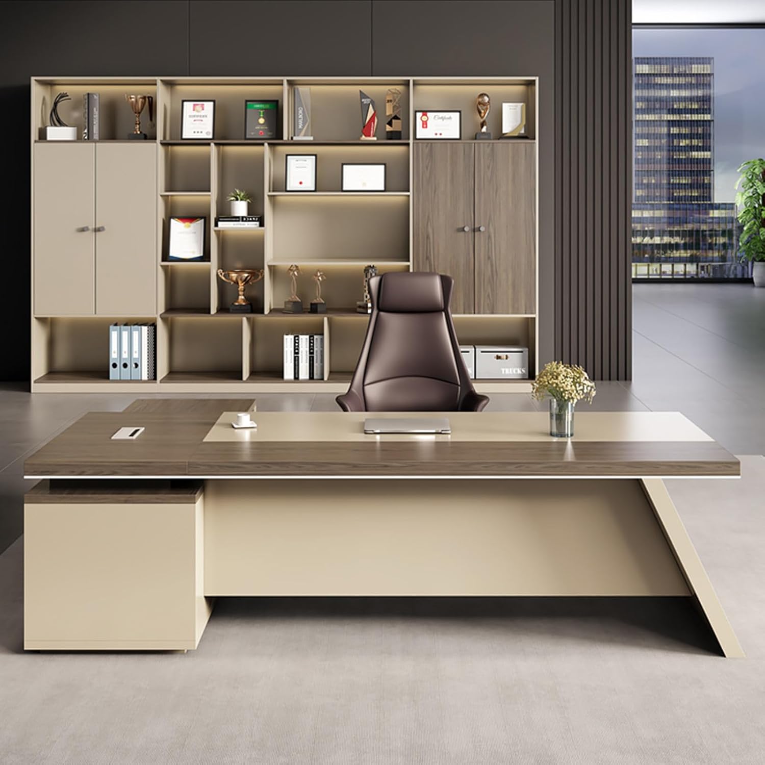 Brown L Shaped Wood Executive Office Desk Computer Desk with Lateral Cabinet Writing Study Table Business Furniture Set