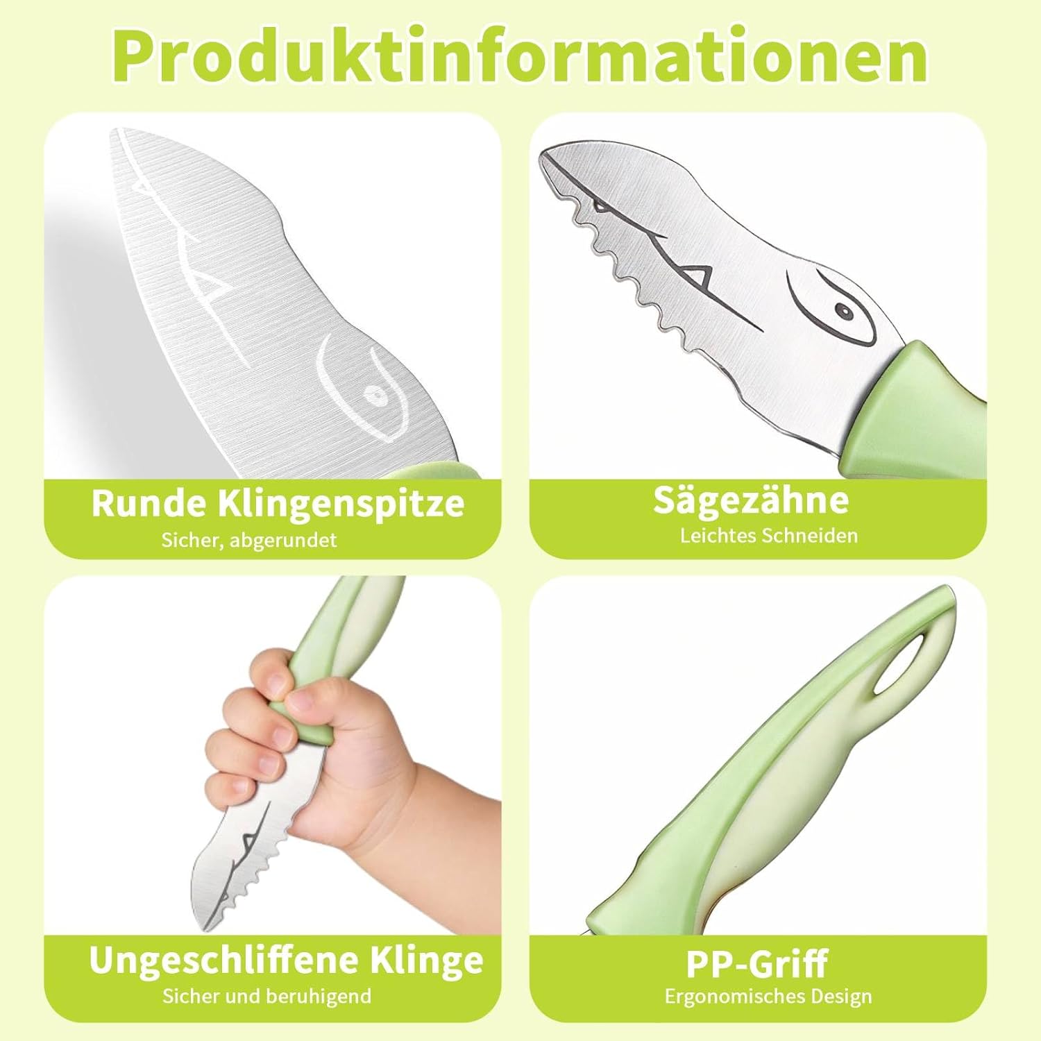 Children's Knife Set from 2 Years, 2-Piece Kitchen Knife Set for Cutting Fruit and Vegetables, Rounded Tip for Children, Montessori Kitchen Tool Cooking Knife for Small, Stainless Steel (Green)