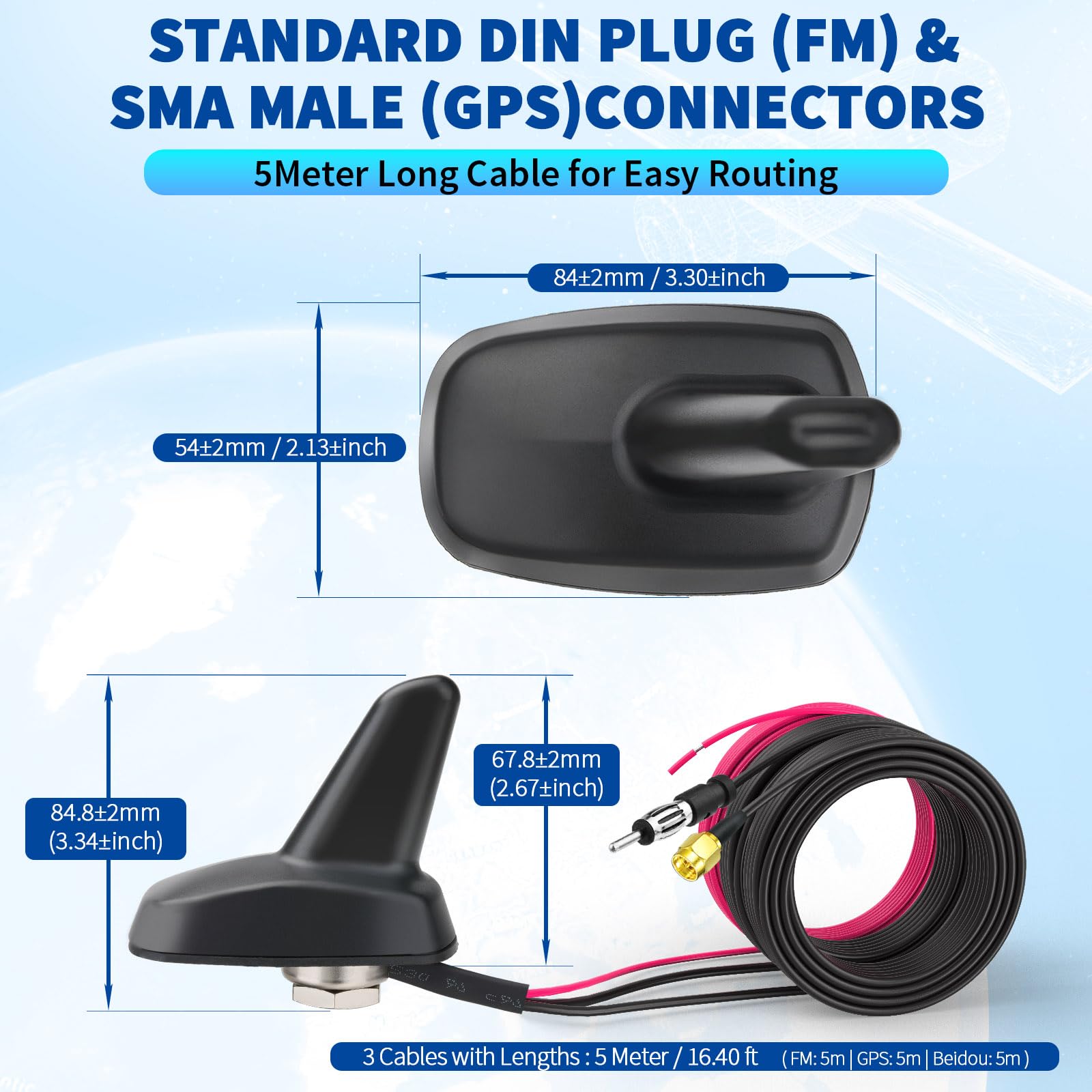 Bingfu Antenna Auto Pinna di Squalo per Autoradio FM/AM & GPS BeiDou GNSS | LNA Alto Guadagno 28dB, Impermeabile IP65, 9-16V CC - Antenna Combinata per Auto Camion Camper SUV, Nero