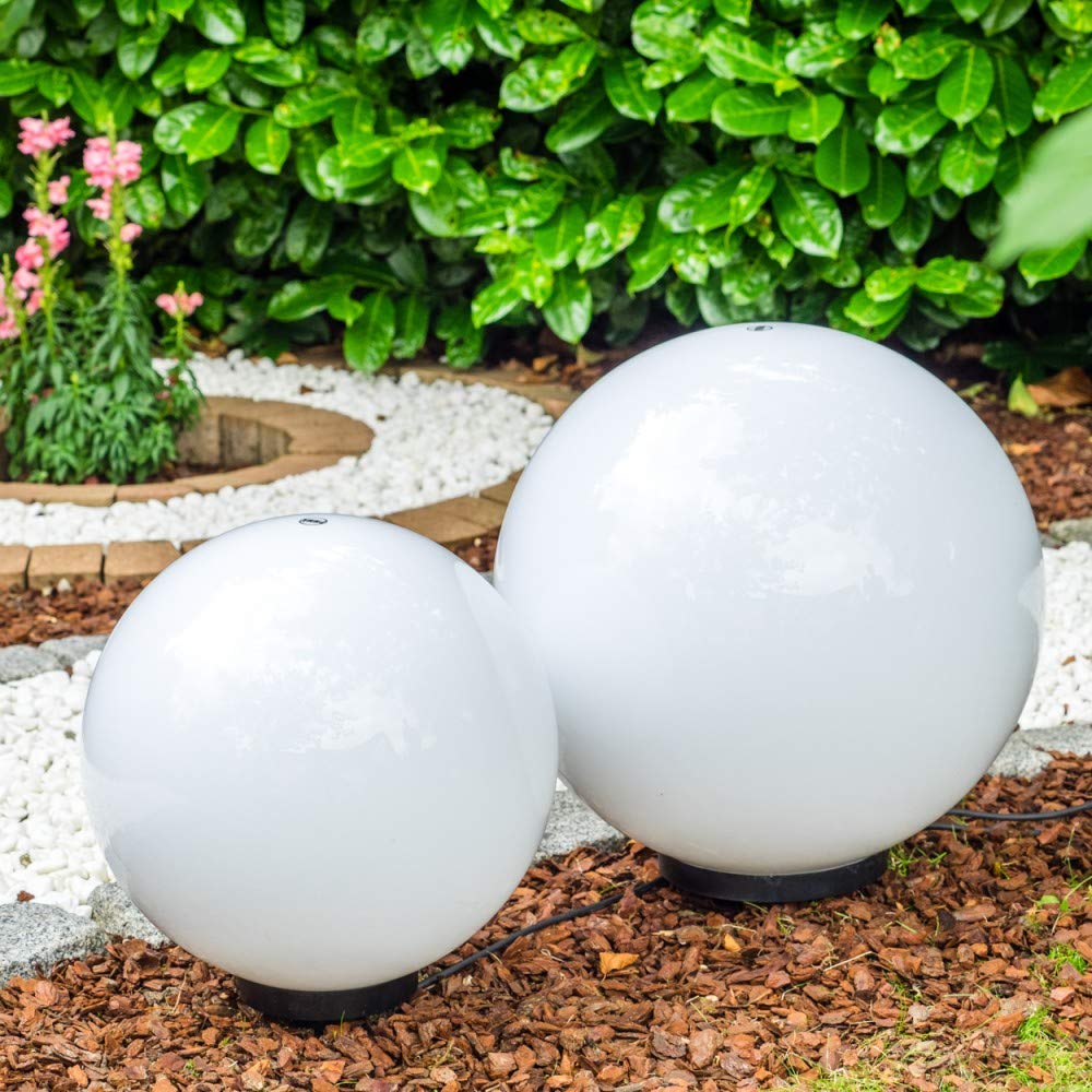 Lampada a sfera Miau, set di 2 lampade a sfera, lampade da esterno in plastica bianca Ø 40 e 50 cm, sfere luminose con attacco E27, lampade a sfera con cavo da 5 metri, senza lampadina/e