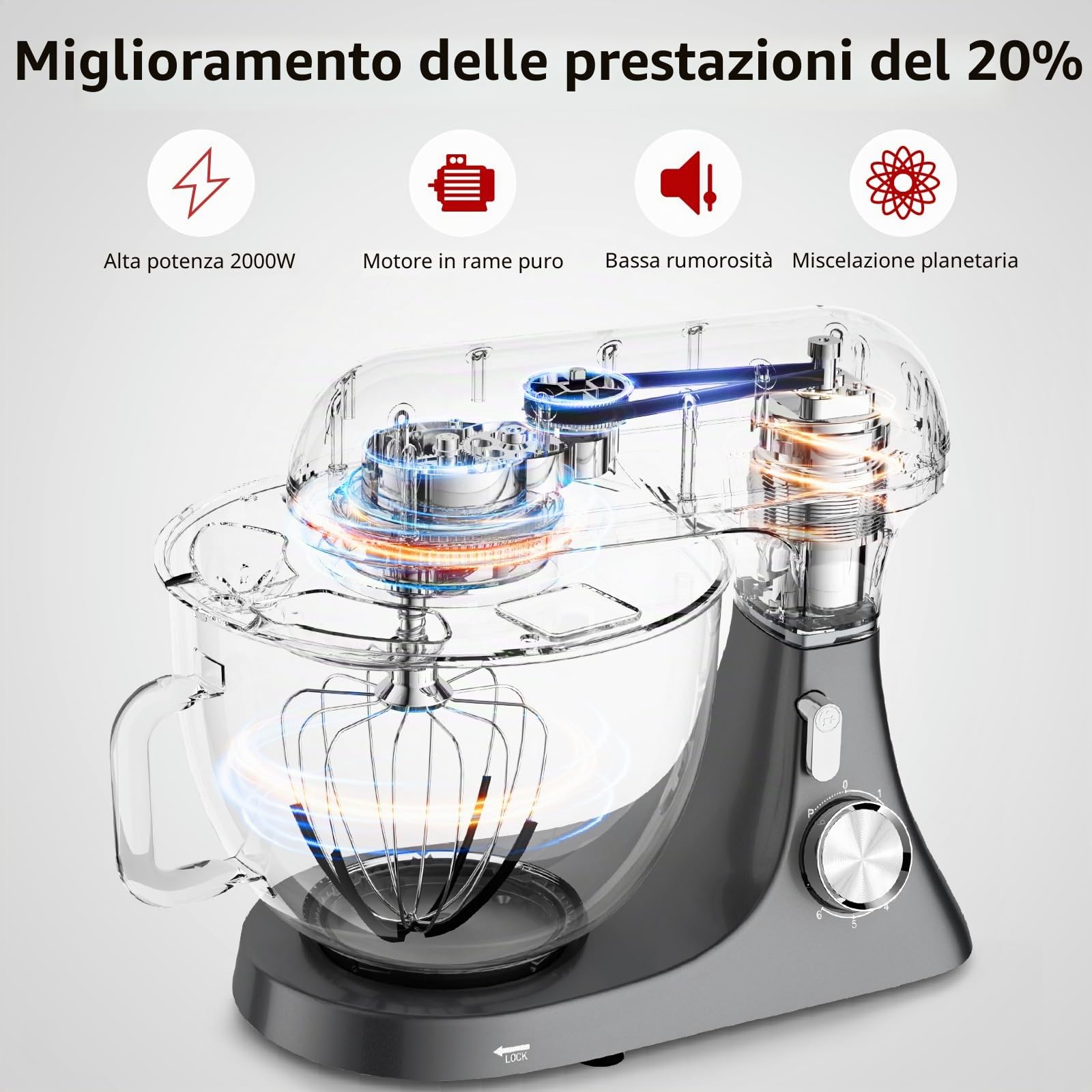Impastatrice Planetaria offerta 2000W 8L Robot da Cucina | Professionale Multifunzione Mixer Cucina con Gancio per Impastare, Frusta Piatta, Frusta