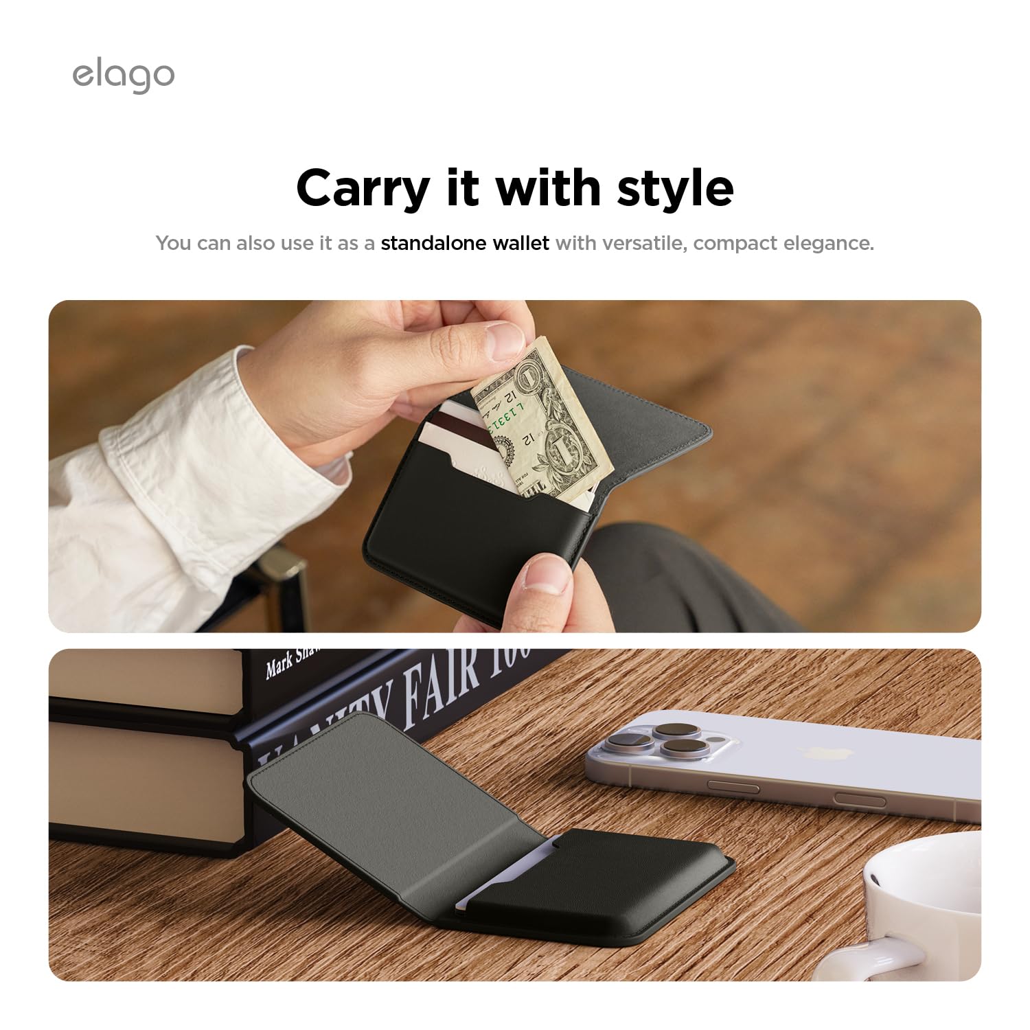 elago Porta Carte Magnetico in Pelle Sintetica per 4 Carte - Compatibile con MagSafe per iPhone, Portafoglio con Fissaggio Sicuro, Protezione Dai Graffi, Adatto a Monete e Banconote (Nero)
