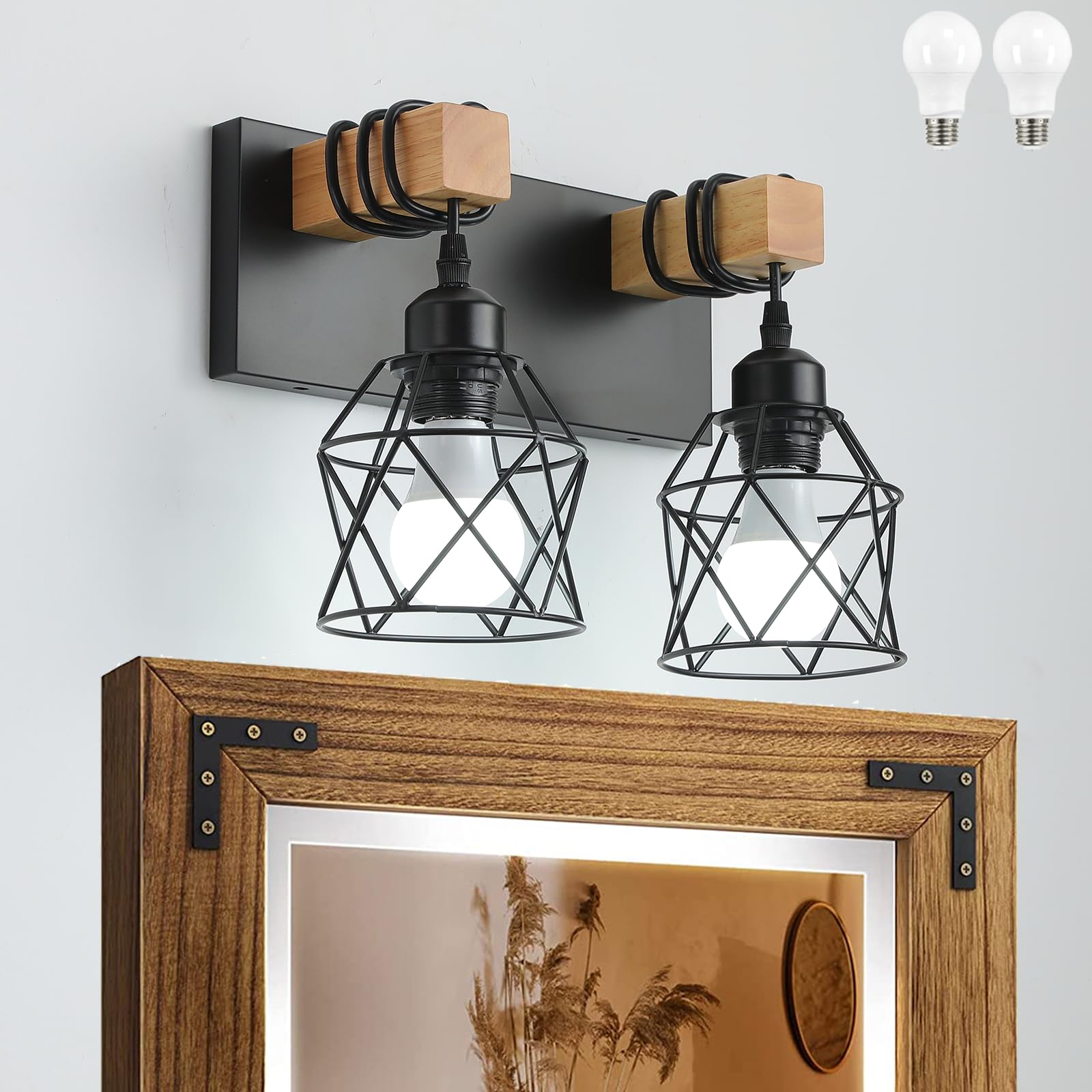 farmhouse vanity light fixture,2-light bathroom lighting,black industrial wood wall light over mirror with metal shade,led bulbs included