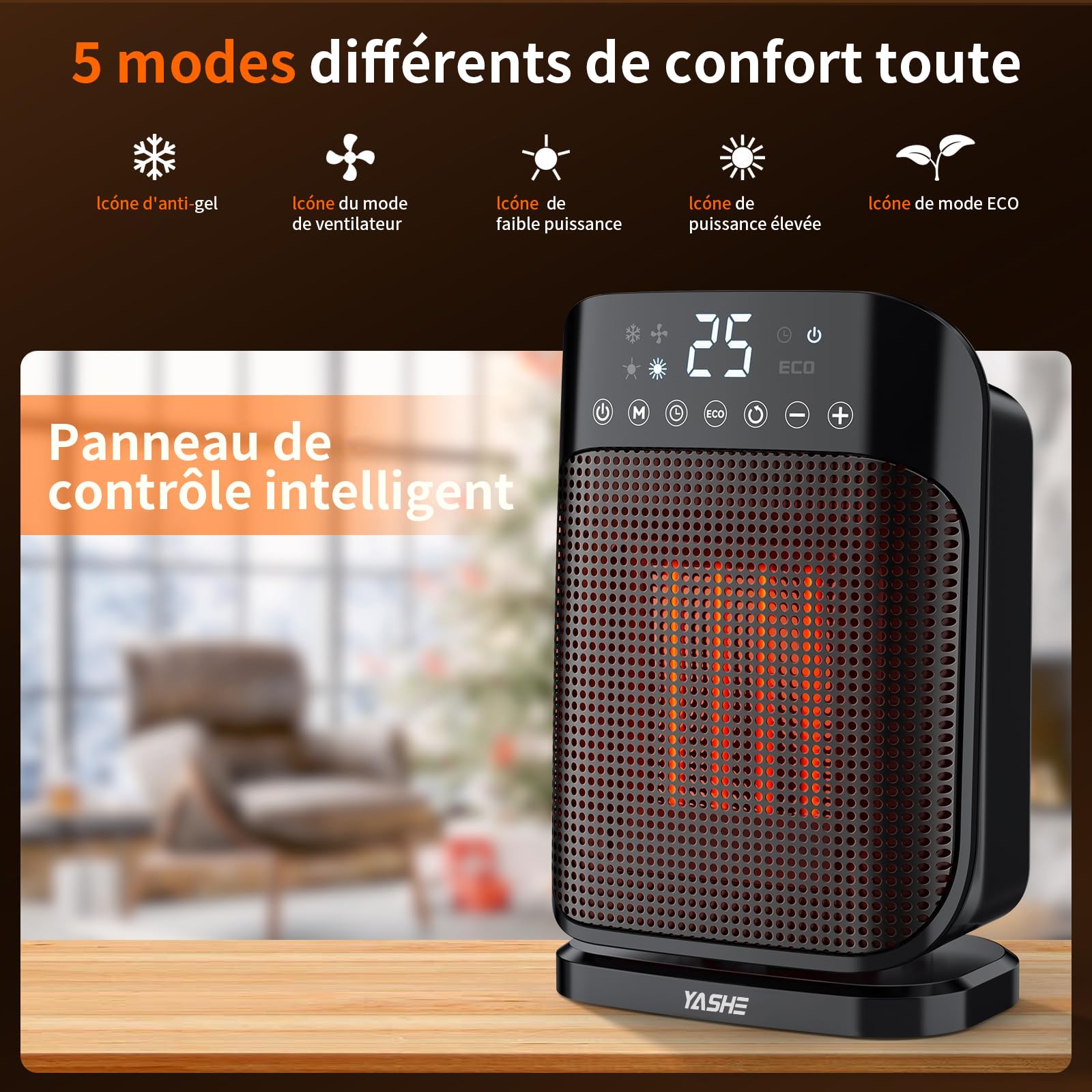 YASHE Chauffage d'appoint 1800W, Radiateur électrique en céramique PTC avec thermostat, minuterie 24h, télécommande, oscillant 75°, protection anti-surchauffe et anti-basculement, mode ECO