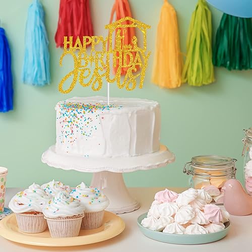 Miniatura 7 de Decoración para pastel de feliz cumpleaños de Jesús, fiesta de cumpleaños cristiana de Navidad, estrella de Belén con purpurina dorada, decoración