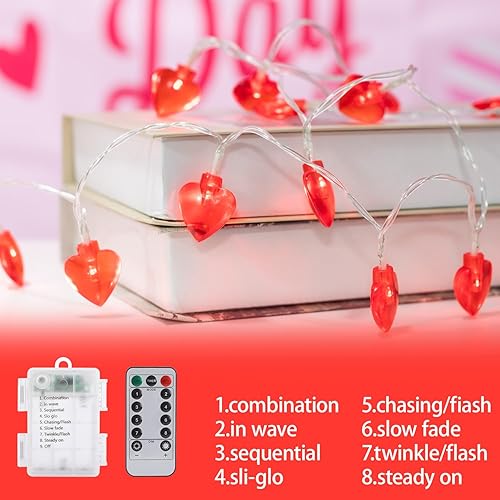 Miniatura 2 de Guirnalda de luces de corazón para decoración del día de San Valentín, 16 pies, 50 luces LED de corazón rojo, luces de San Valentín a pilas con