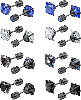 8Pairs Titanium Steel Screw Back Stud Earrings for Men Women Surgical Stainless Steel Rainbow 5A Cubic Zirconia Studs Sleep Hypoallergenic Double Side Earrings Cartilage Piercing(3-8mm)