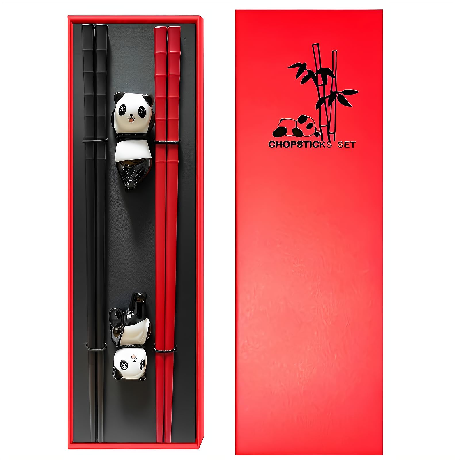 Chopsticks Reusable Panda Gifts With Cute Chopstick Rest & Chopsticks Dishwasher Safe Anniversary Gift for Couple (2PC Red-Black)