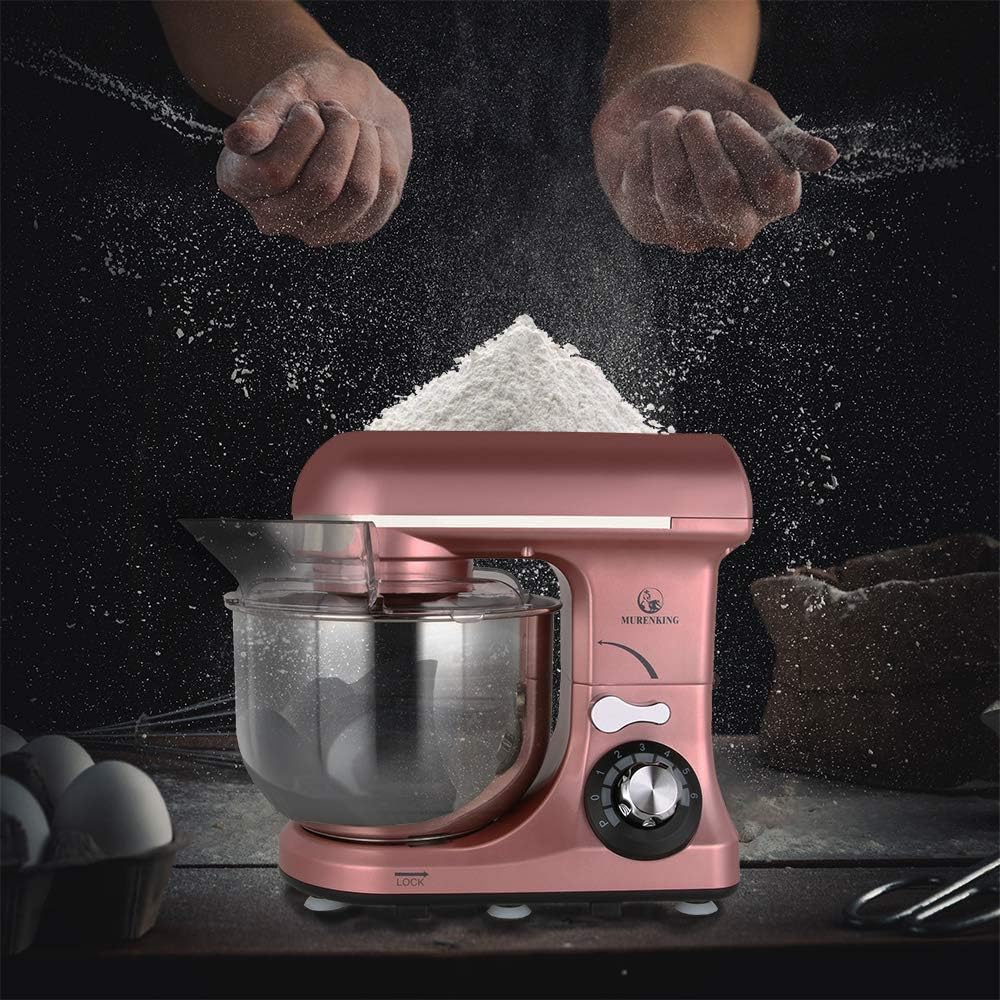 Amazing 🔥 Stand Mixer Double Hooks, MURENKING 4.3-Qt 300W Tilt-Head 6 Speed Electric Food Mixer Kitchen MK18C, Stainless Steel Bowl, 2 Dough Hooks, Beater, Wire Whip and Splash Guard(Rose Smoky)