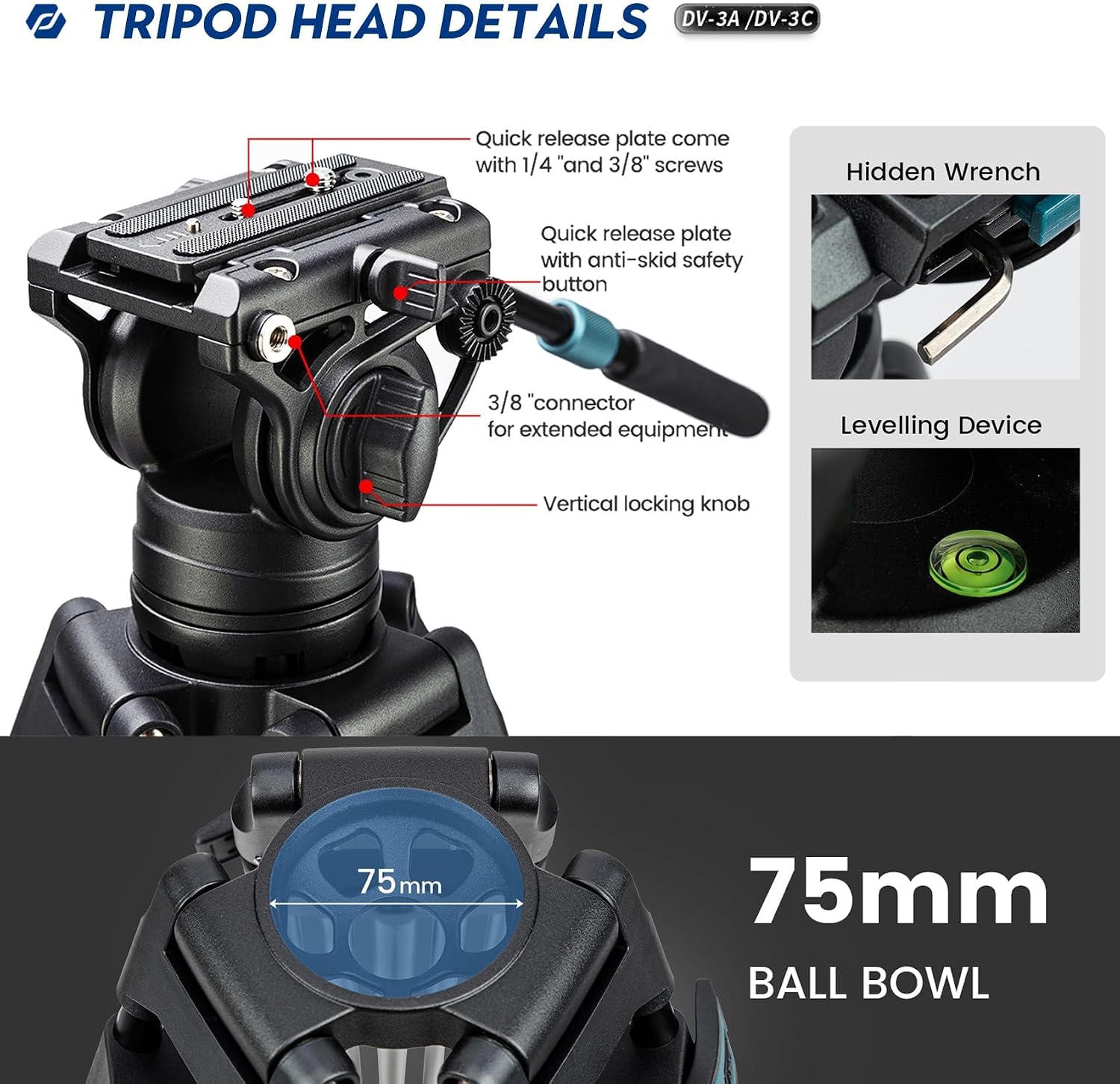 Fotopro 71" Carbon Fiber Tripod for Video, 1/4" & 3/8" QR Plate, Heavy Duty Tripod Stand with 360° Pan, -75/+90° Tilt, Mid-Level Spreader for DSLR Camera Camcorder, Max Load 17.6 lbs, DV-3C
