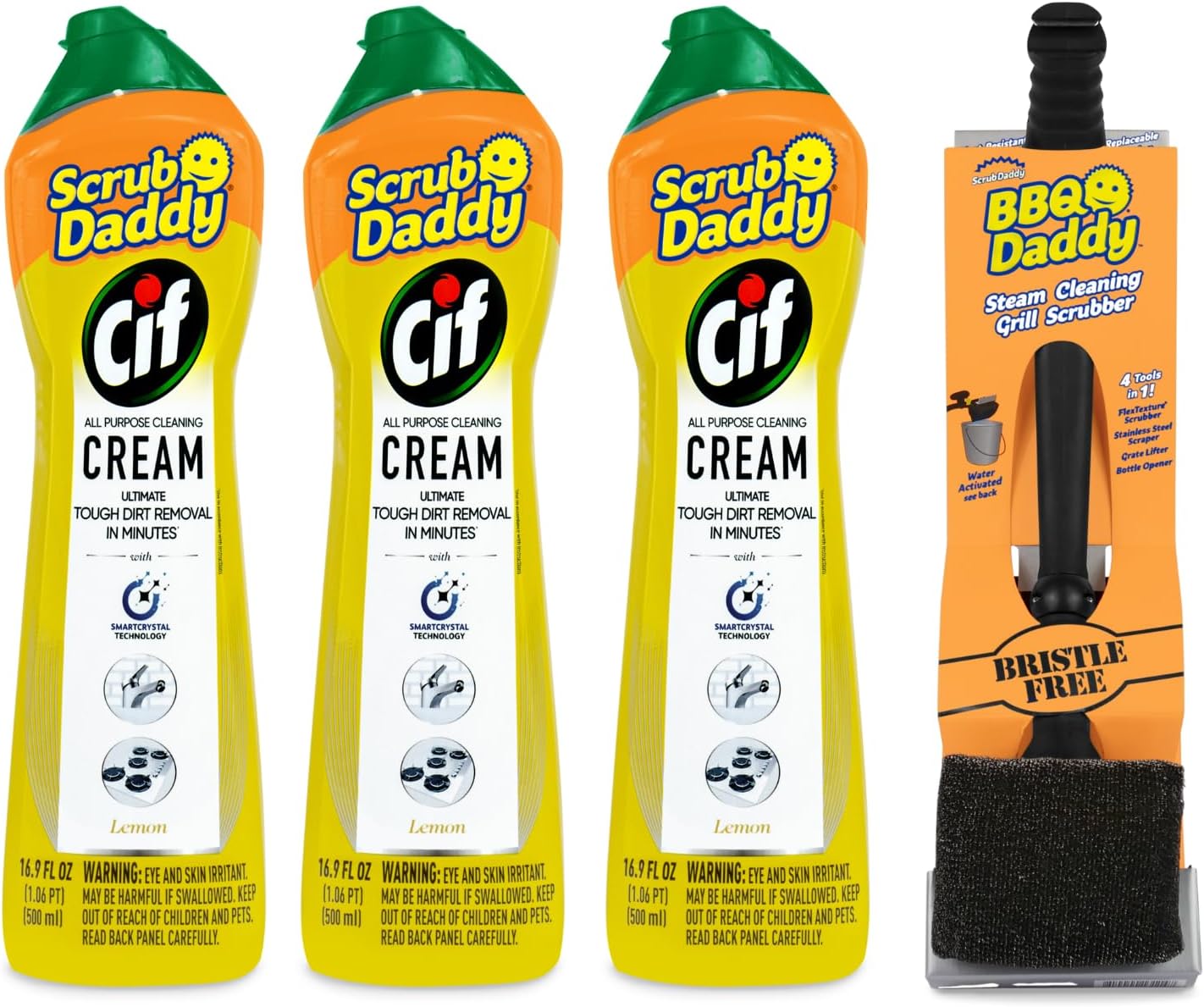 Scrub Daddy + Cif Bundle - Includes 3 Cif Cream All Purpose Cleaner, Lemon Scent and BBQ Daddy Bristle-Free Grill Brush (4 Count Set)