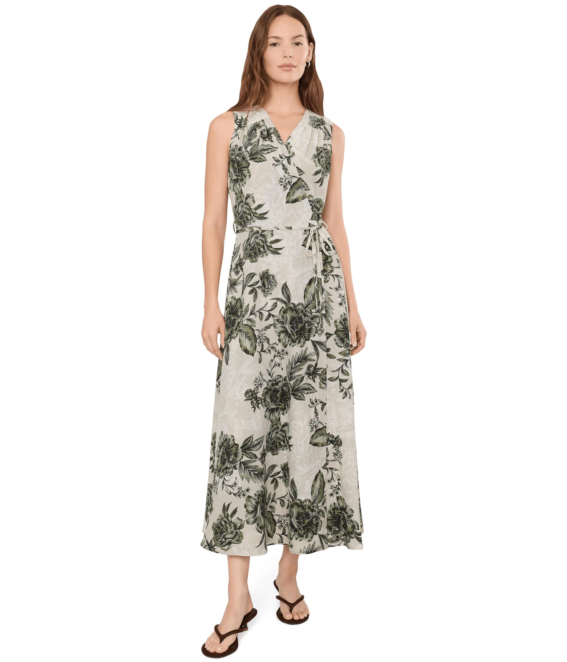 Sleeveless V-Neck Floral Gauze Faux Wrap Dress