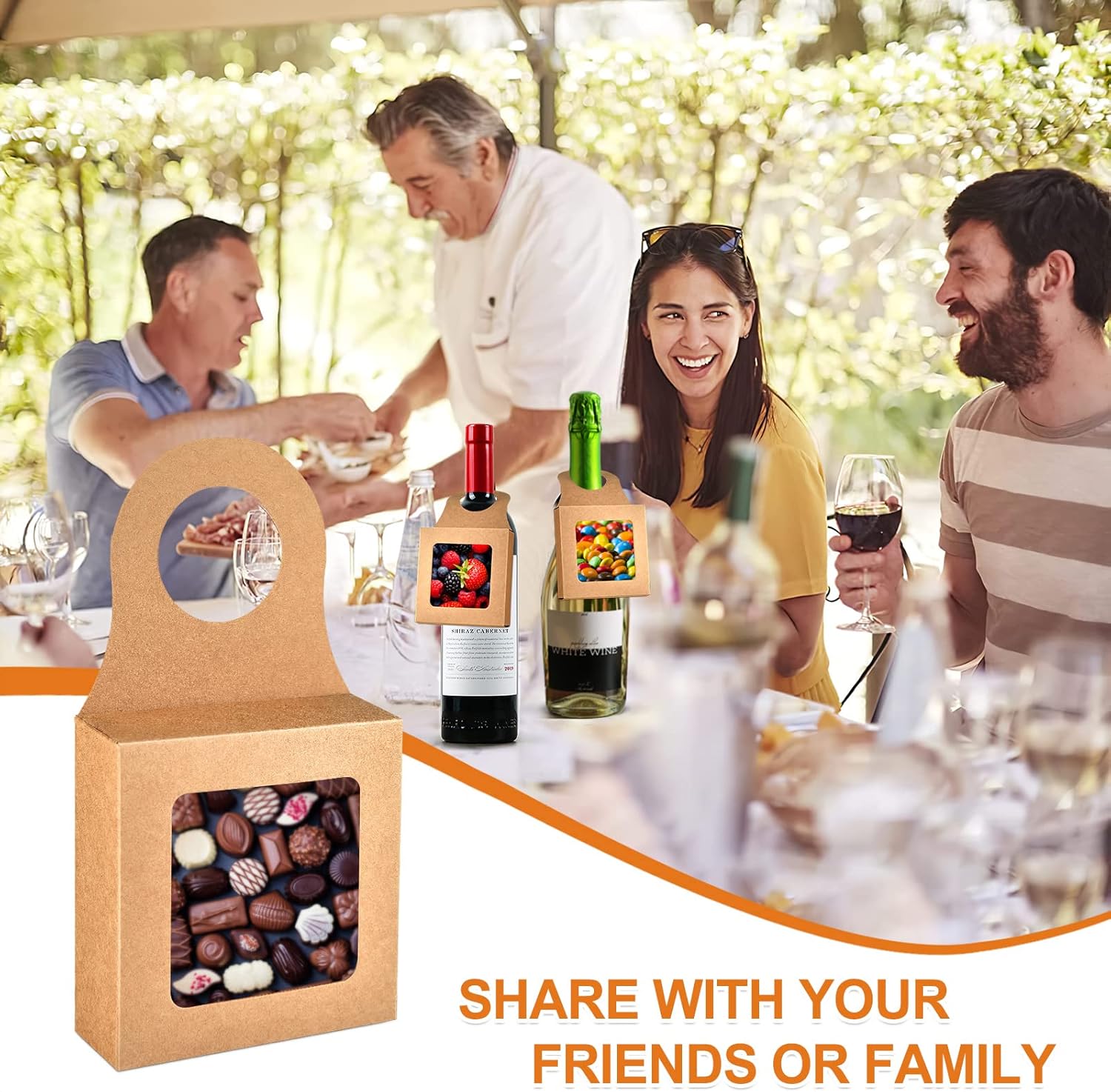 Mototo 100 PCS Kraft Paper Wine Bottle Boxes with Transparent Window Hanger Foldable Wine Bottle Empty Gift Boxes with Hanger for Valentines Christmas Candy Truffles Chocolate Cookies Packing, Kraft