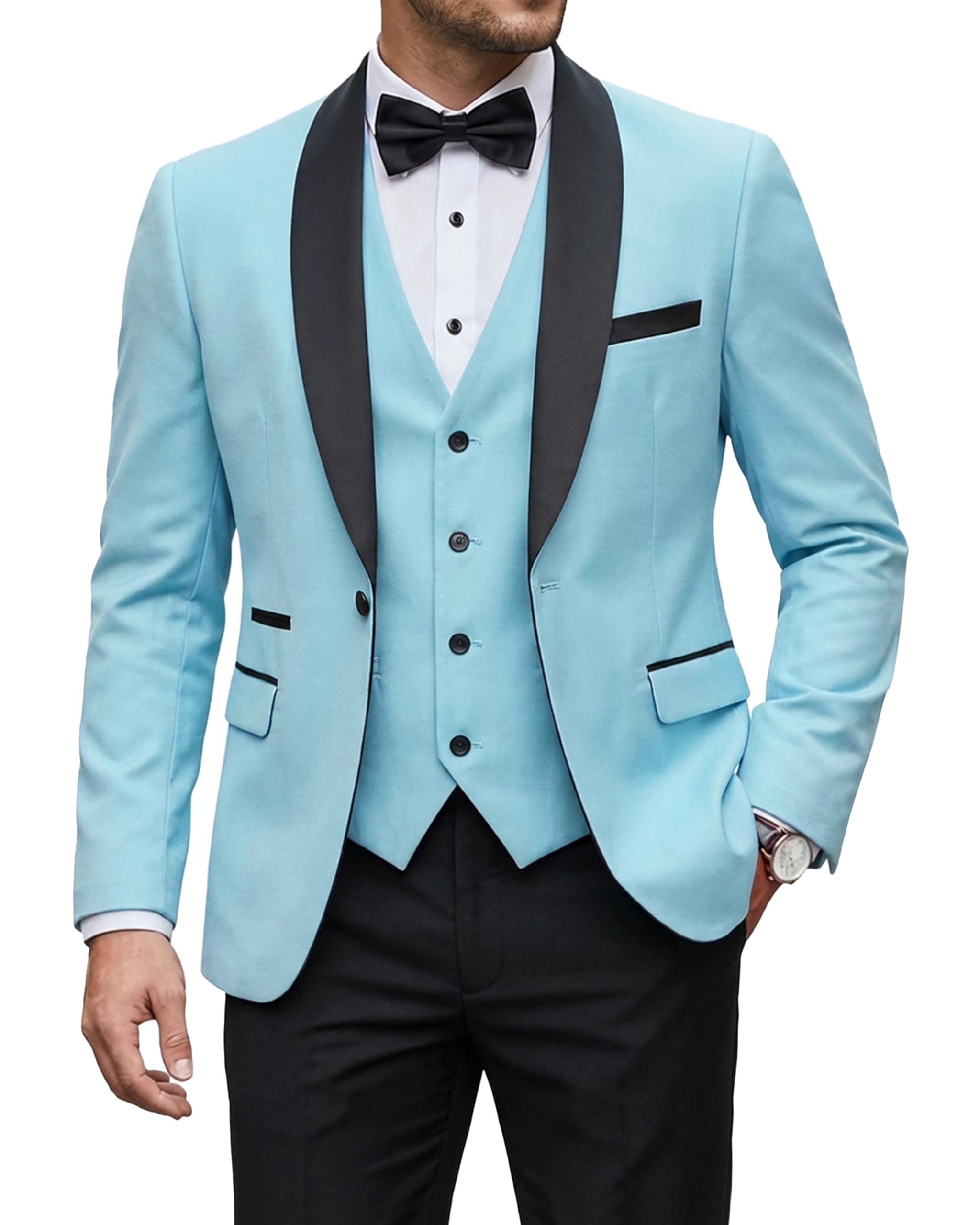 YND Men's 3 Piece Tuxedo Set with Bow Tie, Slim Fit One Button Shawl Lapel Suit Blazer Vest Pants, for Wedding Prom Dinners